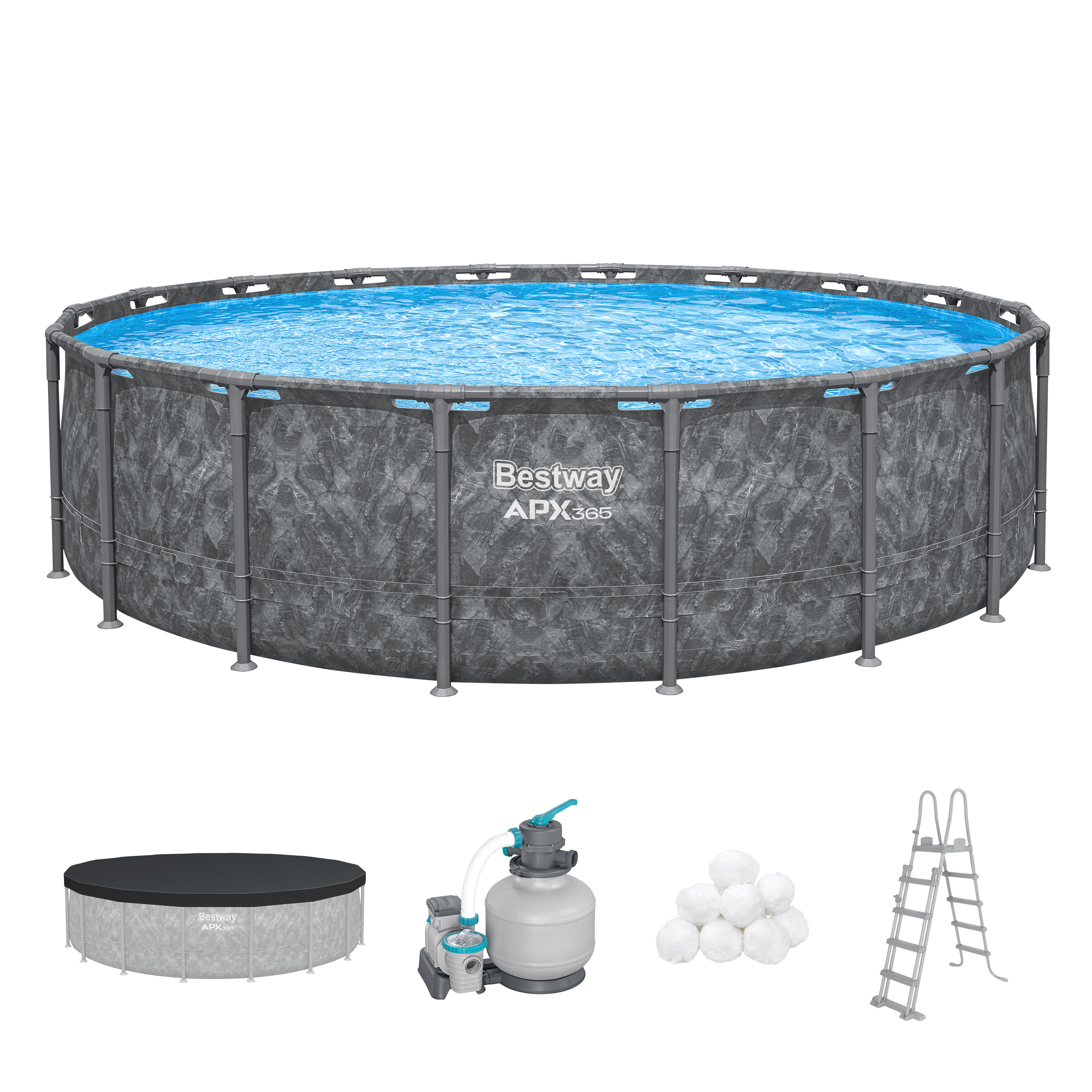 APX365™ Winterfestes Frame Pool Komplett Set mit Sandfilteranlage Ø 549 x 132 cm, Marmor-Optik (Dunkel), rund