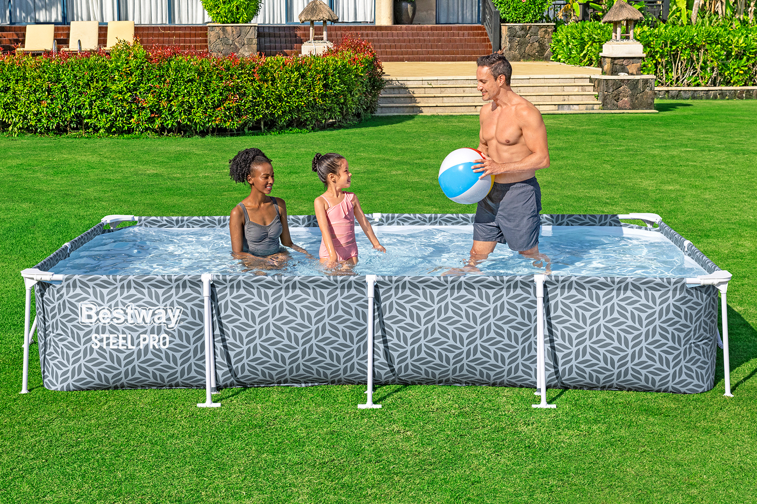 Steel Pro® Frame Pool Set mit Filterpumpe 366 x 201 x 66 cm, Blattform-Design, eckig