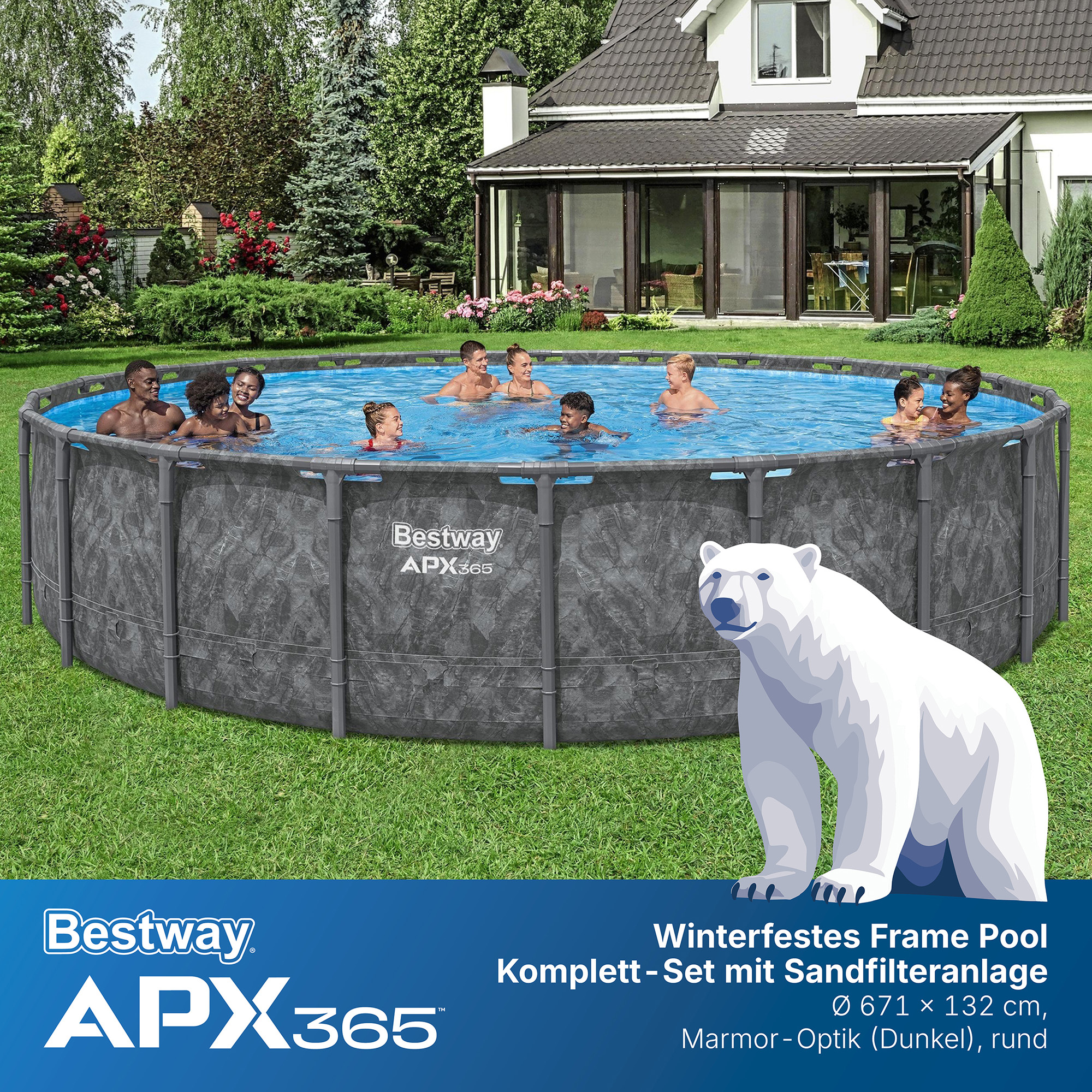 APX365™ Winterfestes Frame Pool Komplett Set mit Sandfilteranlage Ø 671 x 132 cm, Marmor-Optik (Dunkel), rund