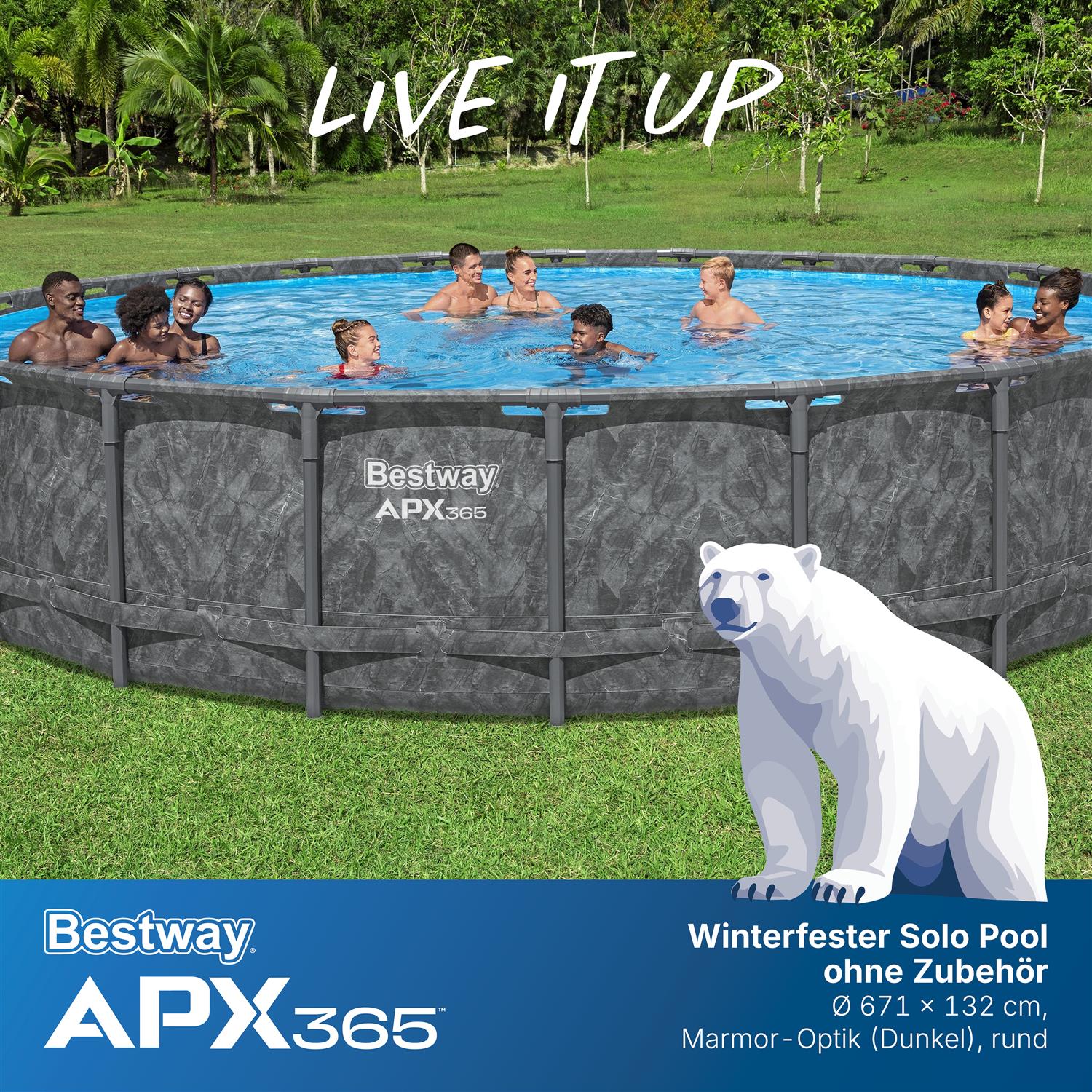APX365™ Winterfester Solo Pool ohne Zubehör Ø 671 x 132 cm, Marmor-Optik (Dunkel), rund APX365™ Winterfester Solo Pool ohne Zubehör Ø 671 x 132 cm, Marmor-Optik (Dunkel), rund