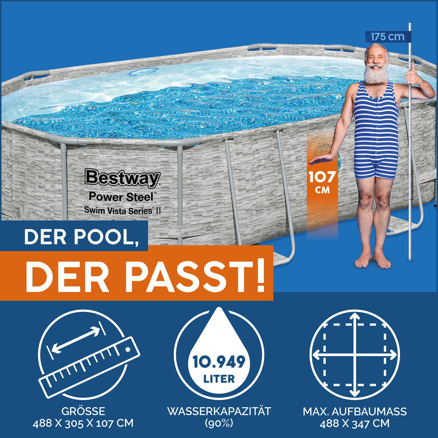 Power Steel™ Swim Vista Series™ Frame Pool Komplett-Set mit Sandfilteranlage 488 x 305 x 107 cm , Steinwand-Optik (Cremegrau), oval