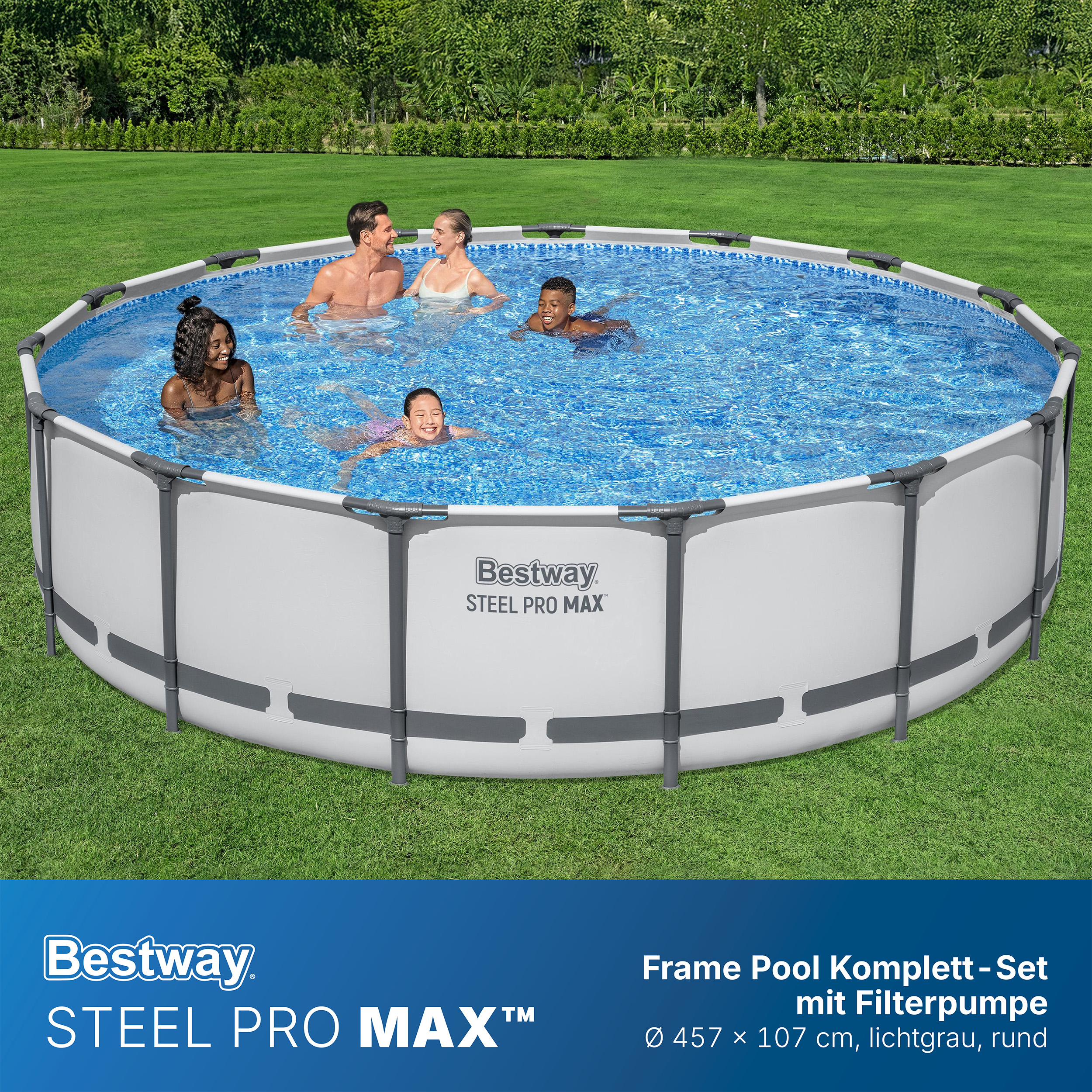 Steel Pro MAX™ Frame Pool Komplett Set mit Filterpumpe Ø 457 x 107 cm, lichtgrau, rund
