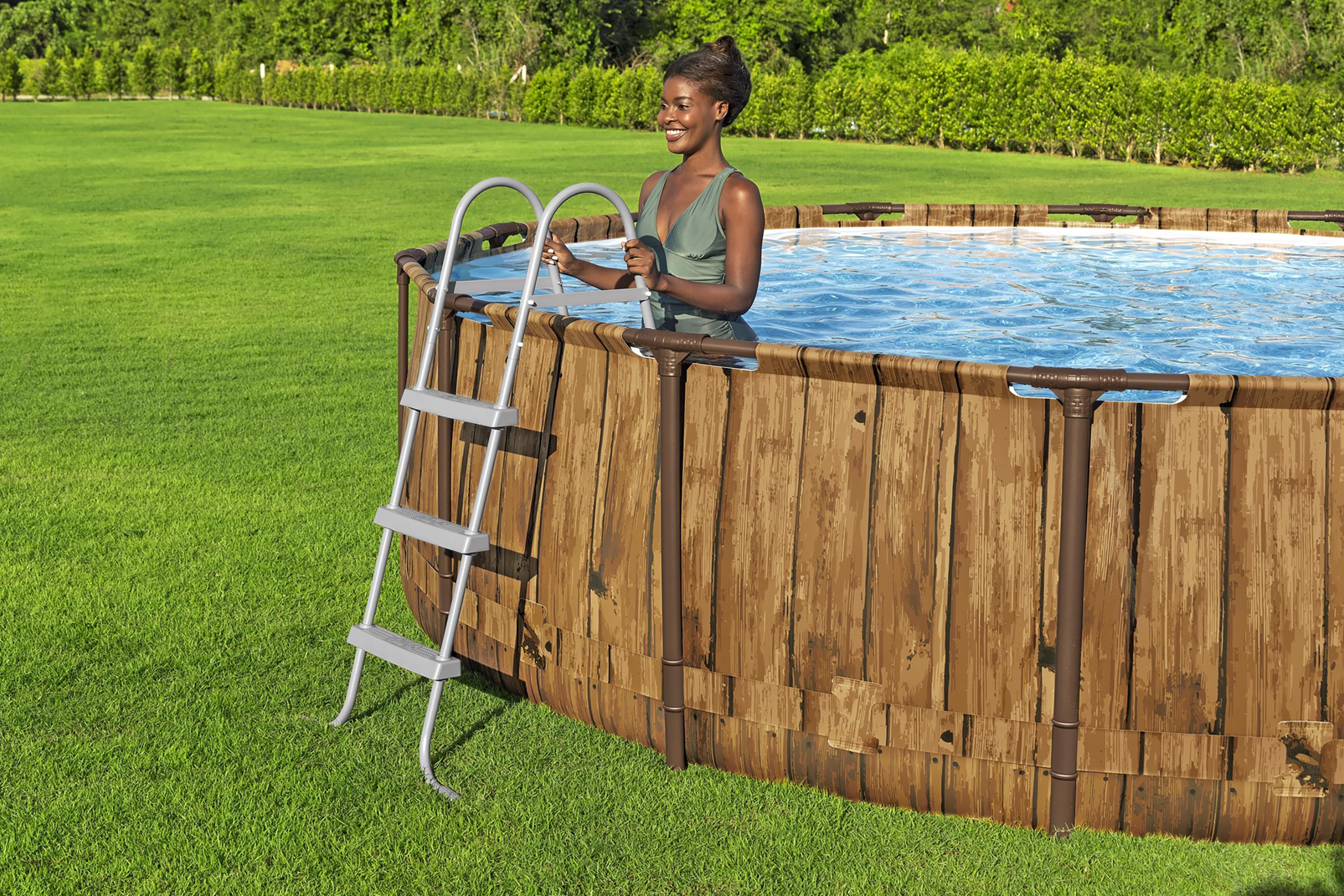 Steel Pro MAX™ Splashview™ Frame Pool Komplett Set mit Filterpumpe Ø 427 x 107 cm, Holz-Optik (Pinie), rund