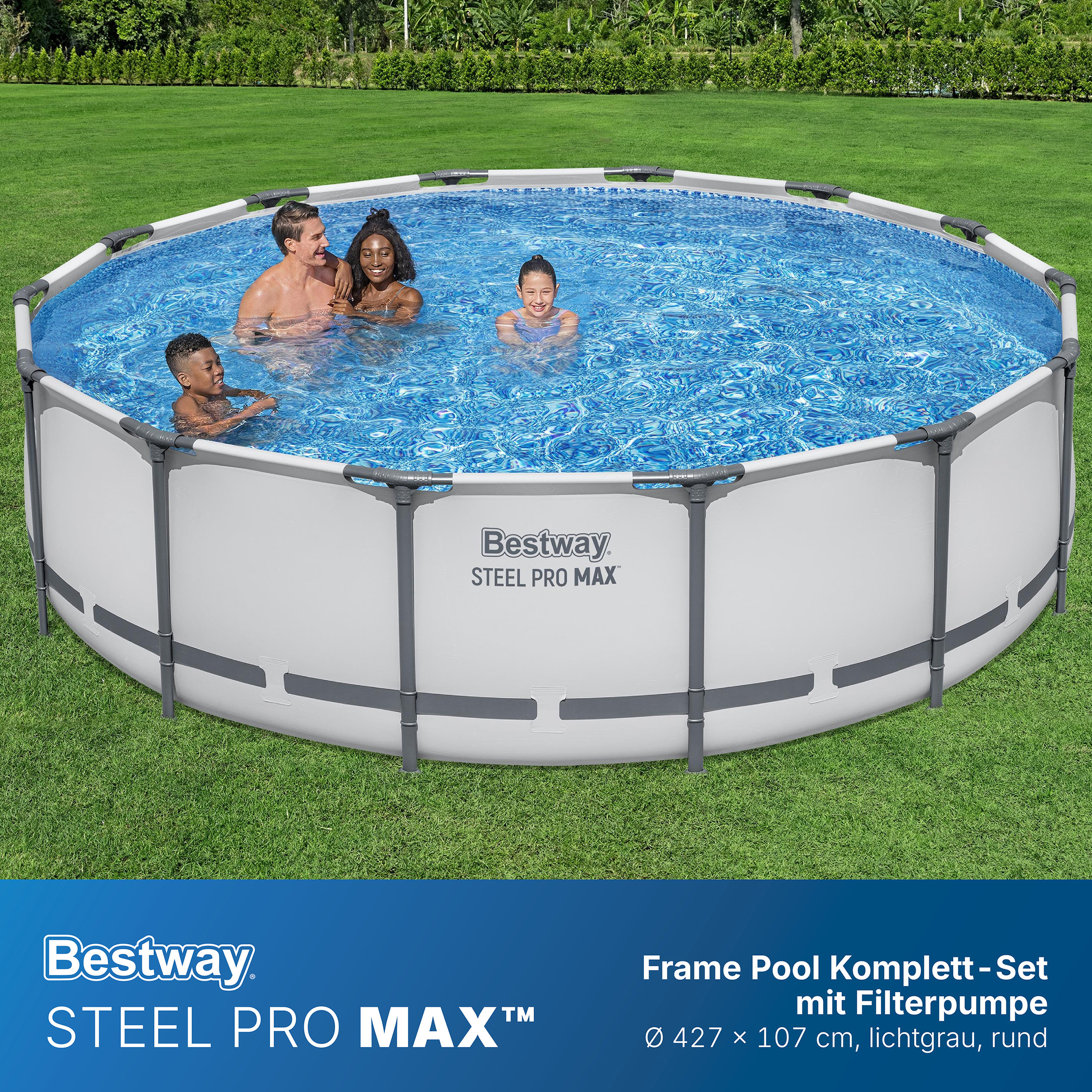 Steel Pro MAX™ Frame Pool Komplett Set mit Filterpumpe Ø 427 x 107 cm, lichtgrau, rund