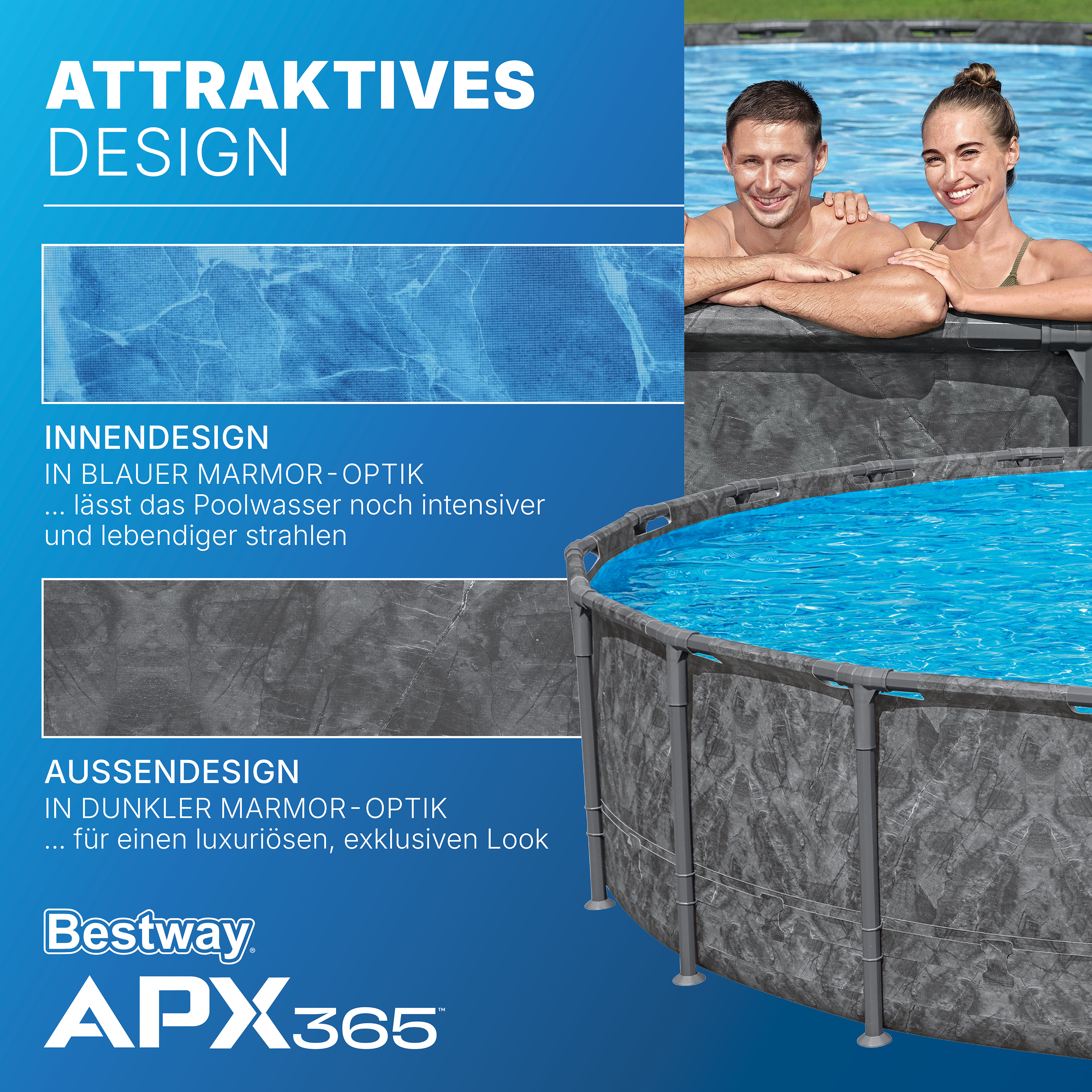 APX365™ Winterfestes Frame Pool Komplett Set mit Sandfilteranlage Ø 671 x 132 cm, Marmor-Optik (Dunkel), rund