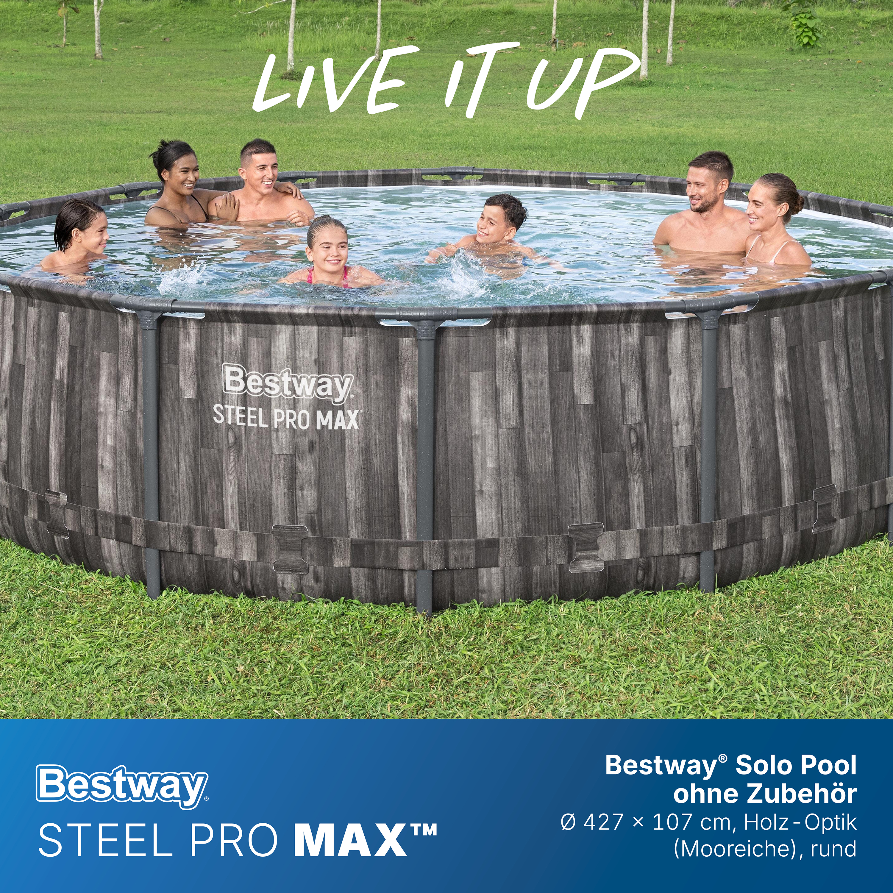 Steel Pro MAX™ Solo Pool ohne Zubehör Ø 427 x 107 cm, Holz-Optik (Mooreiche), rund