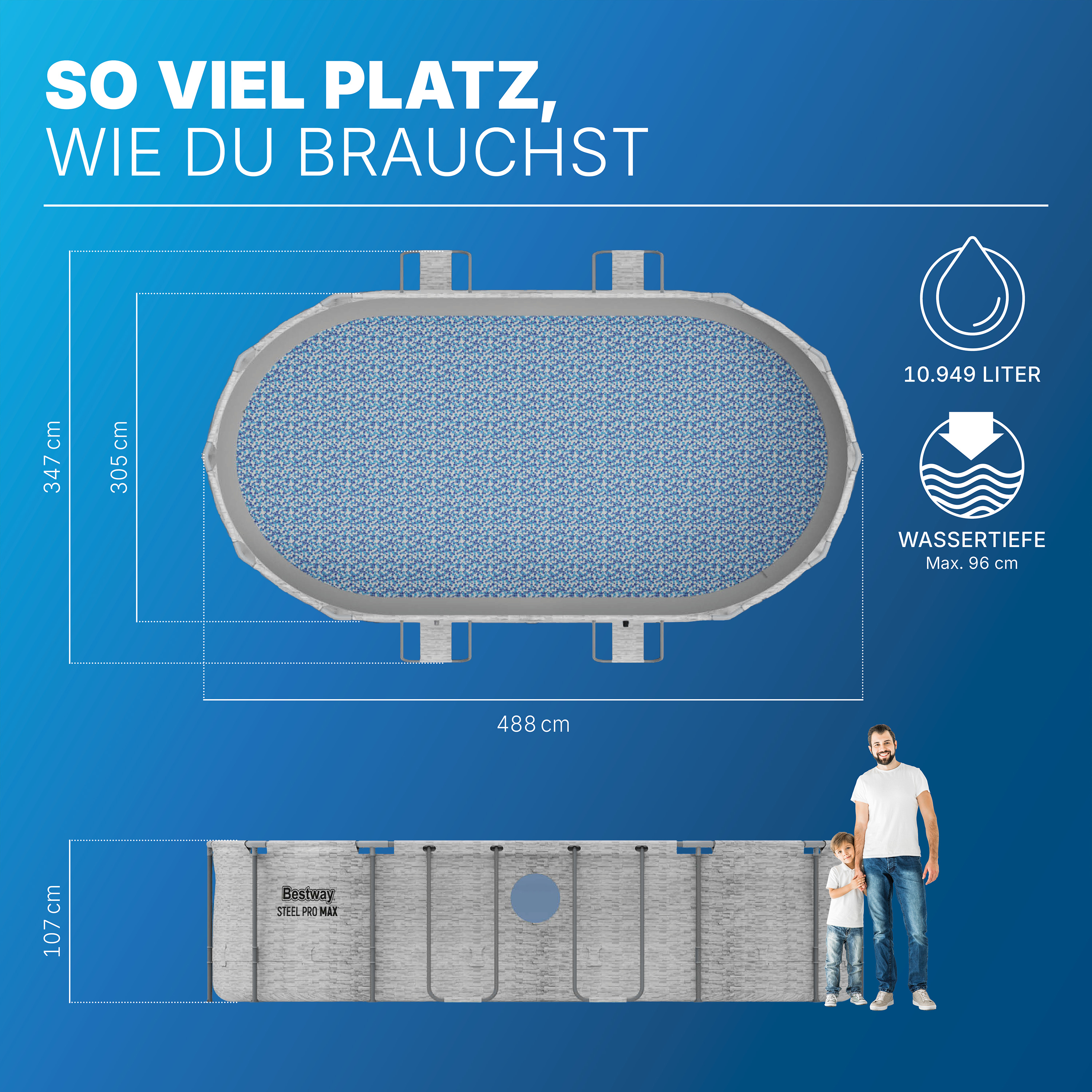 Steel Pro MAX™ Splashview™ Frame Pool Komplett Set mit Sandfilteranlage 488 x 305 x 107 cm , Steinwand-Optik (Cremegrau), oval
