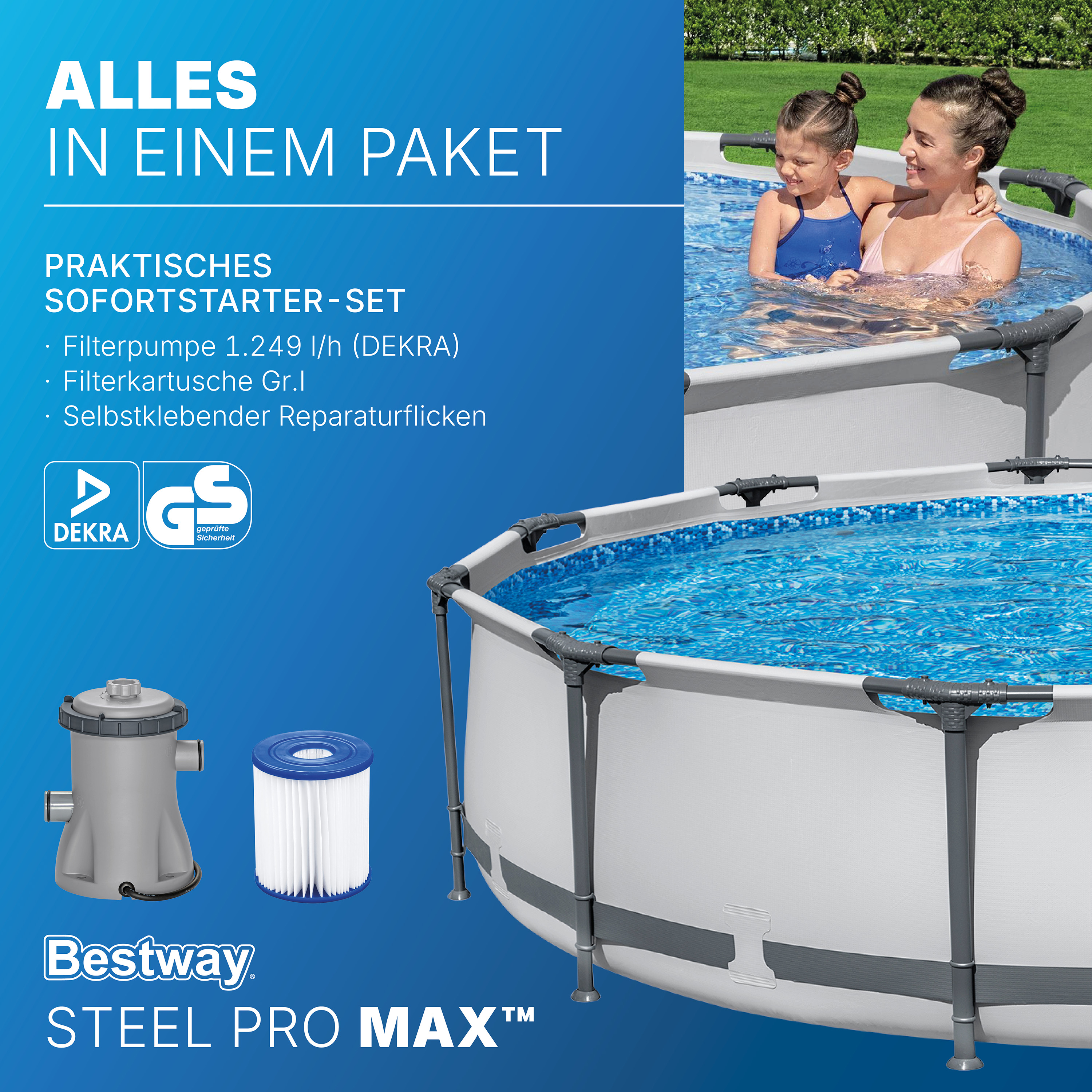 Steel Pro MAX™ Frame Pool Set mit Filterpumpe Ø 366 x 76 cm, lichtgrau, rund