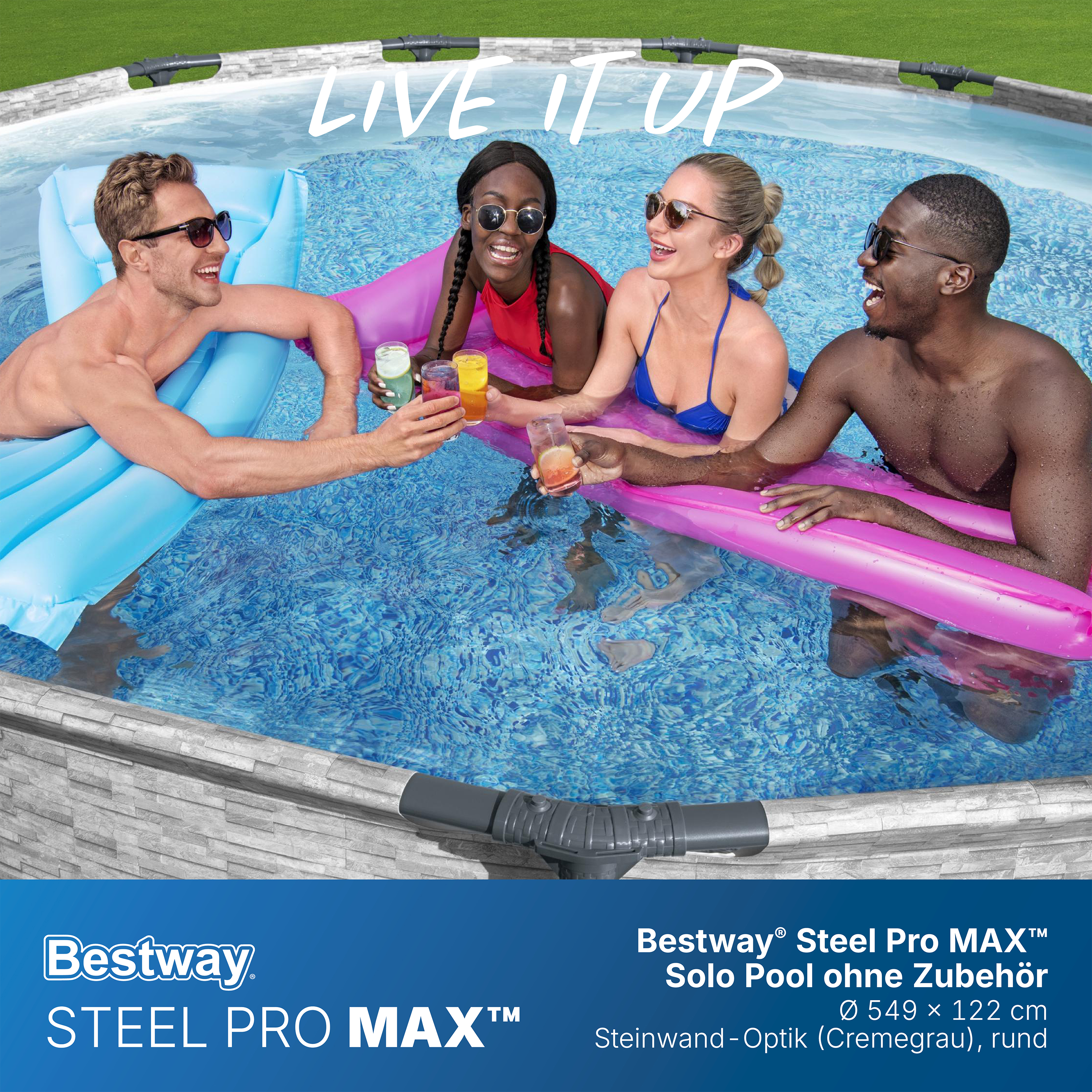 Steel Pro MAX™ Solo Pool ohne Zubehör Ø 549 x 122 cm, Steinwand-Optik (Cremegrau), rund