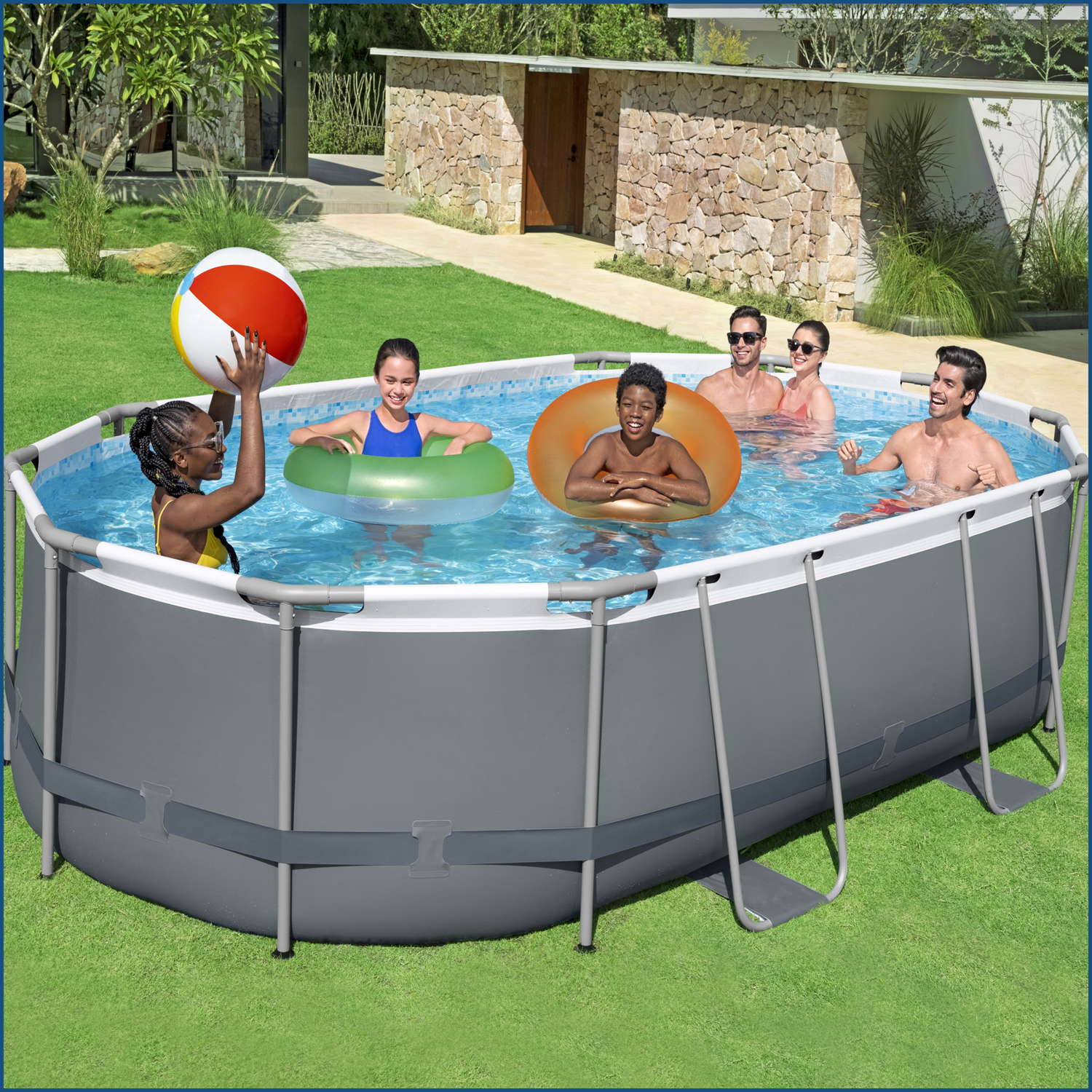 Power Steel™ Frame Pool Komplett-Set mit Filterpumpe 488 x 305 x 107 cm, grau, oval