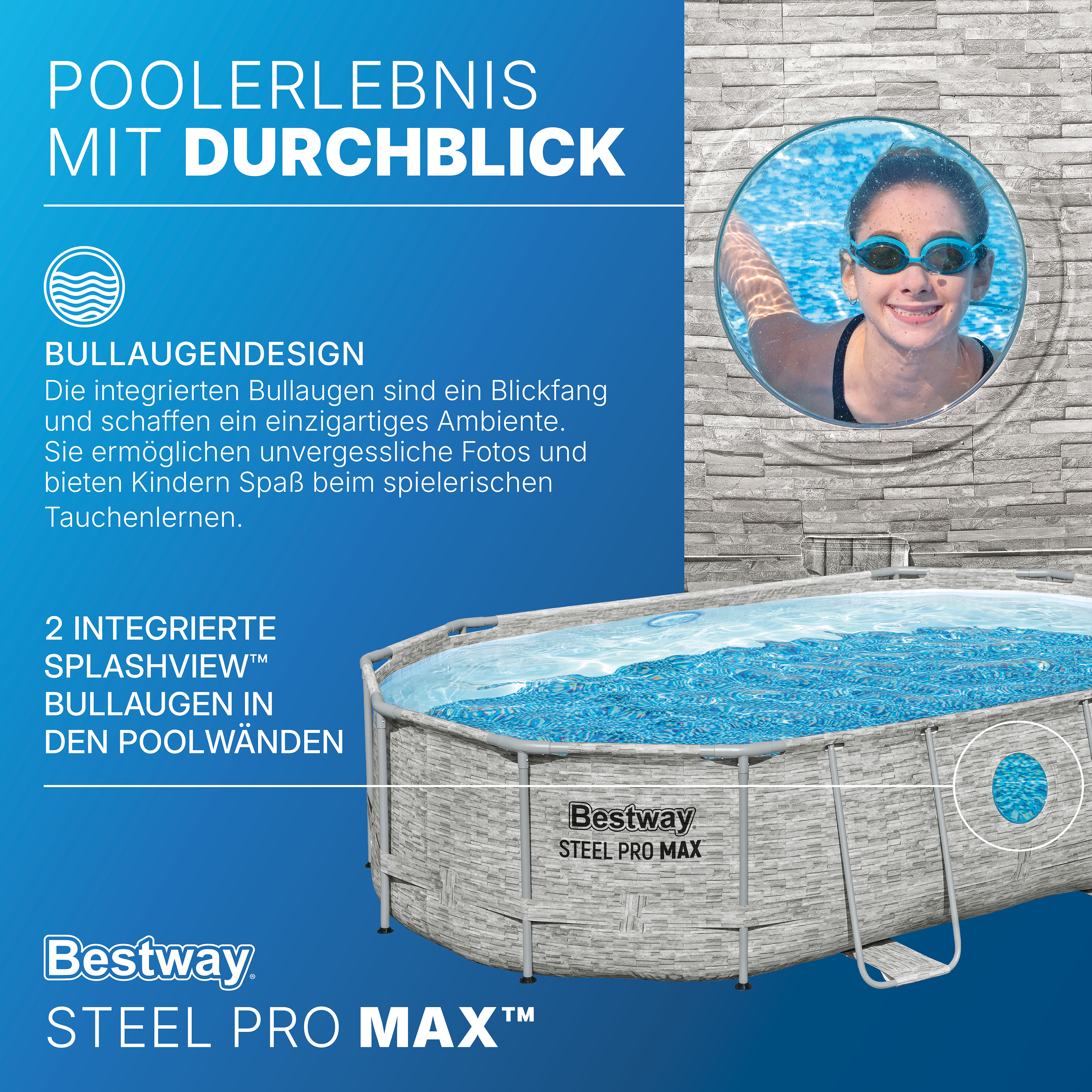 Steel Pro MAX™ Splashview™ Solo Pool ohne Zubehör 488 x 305 x 107 cm , Steinwand-Optik (Cremegrau), oval