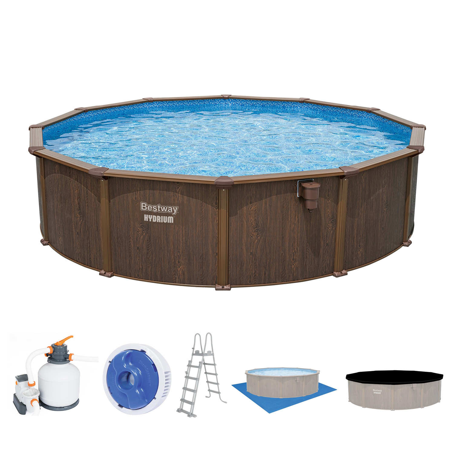 Hydrium™ Stahlwandpool Komplett-Set mit Sandfilteranlage Ø 550 x 130 cm, Holz-Optik (Palisander), rund