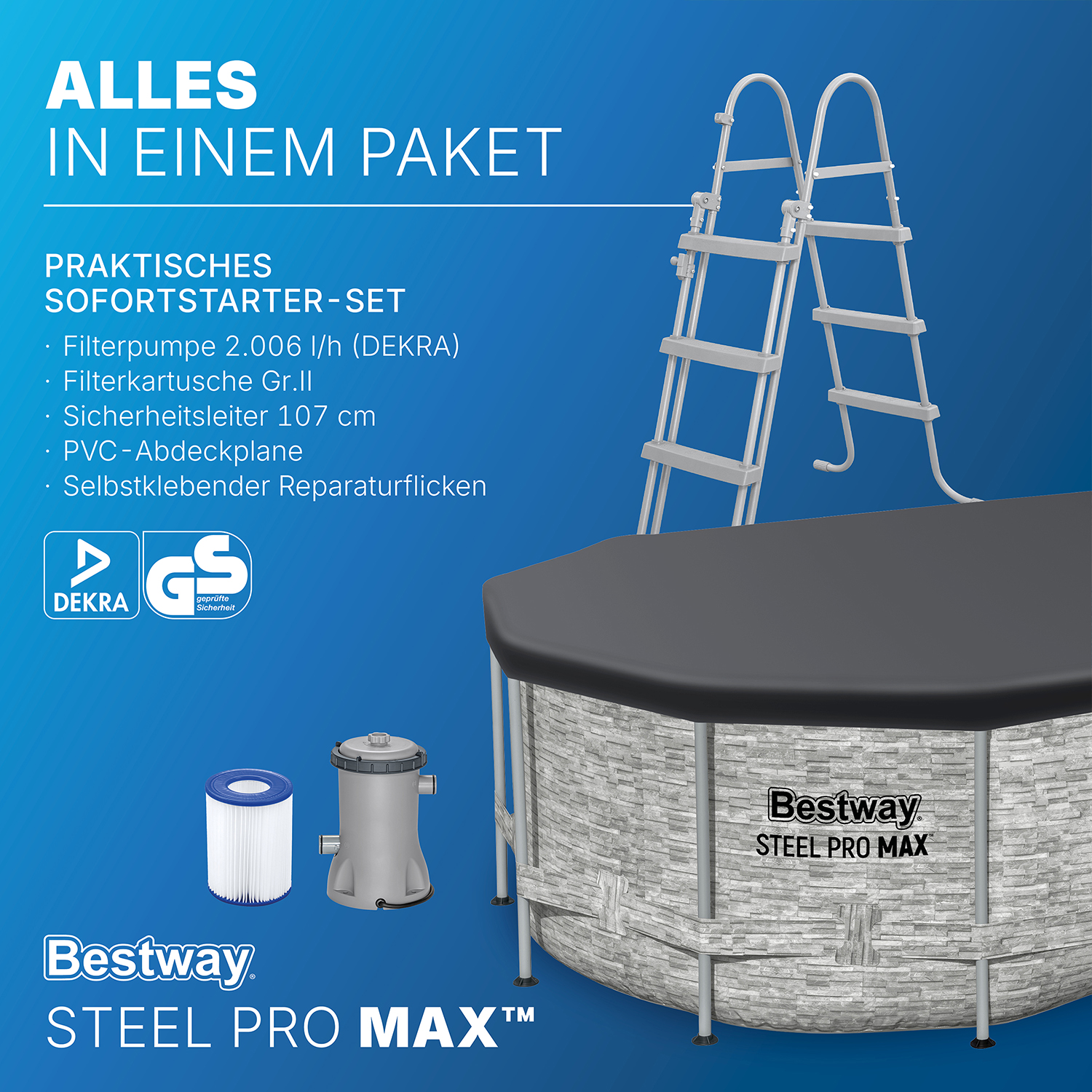 Steel Pro MAX™ Splashview™ Frame Pool Komplett Set mit Filterpumpe 427 x 250 x 100 cm, Steinwand-Optik (Cremegrau), oval
