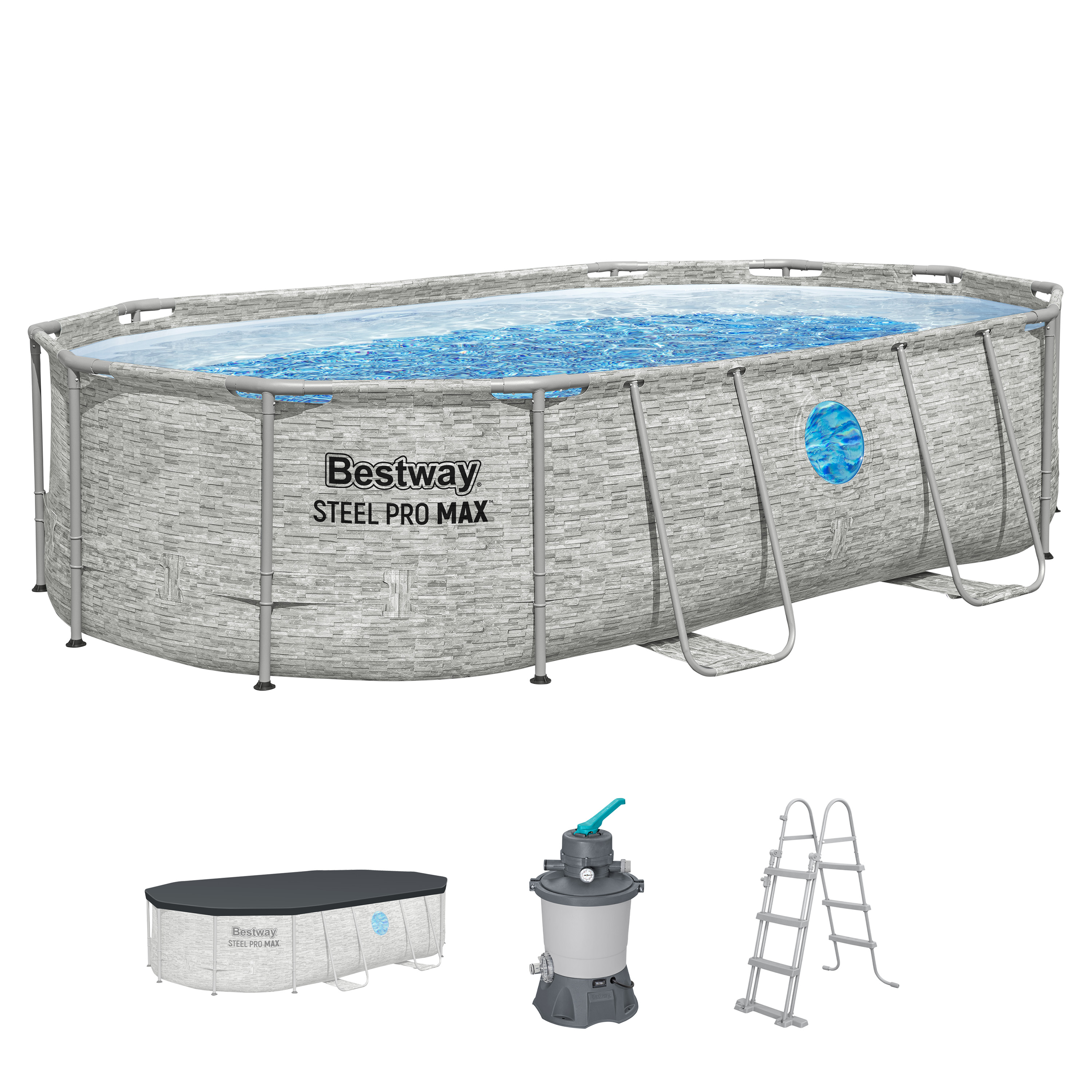 Steel Pro MAX™ Splashview™ Frame Pool Komplett Set mit Sandfilteranlage 488 x 305 x 107 cm , Steinwand-Optik (Cremegrau), oval