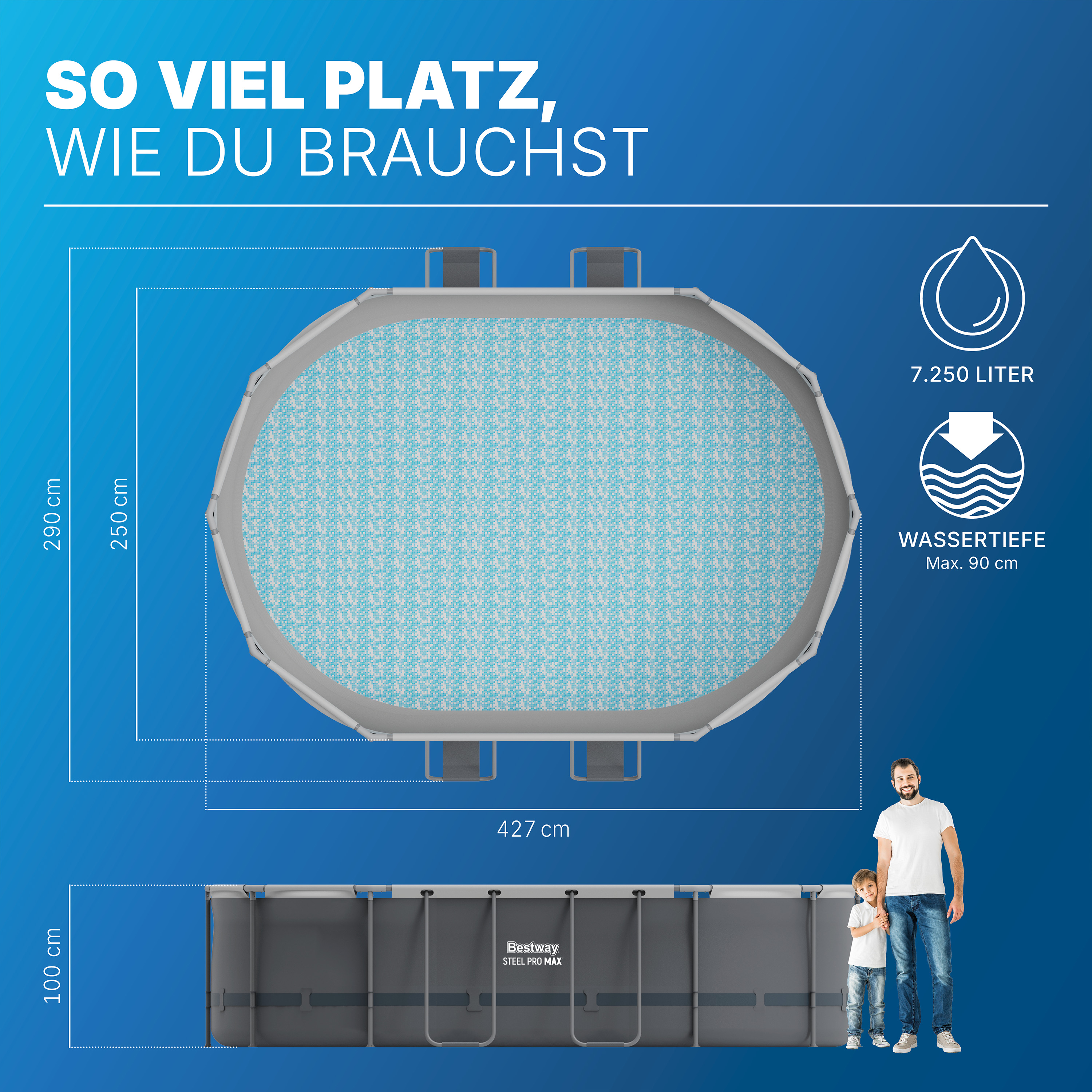 Steel Pro MAX™ Frame Pool Set mit Filterpumpe 427 x 250 x 100 cm , grau, oval