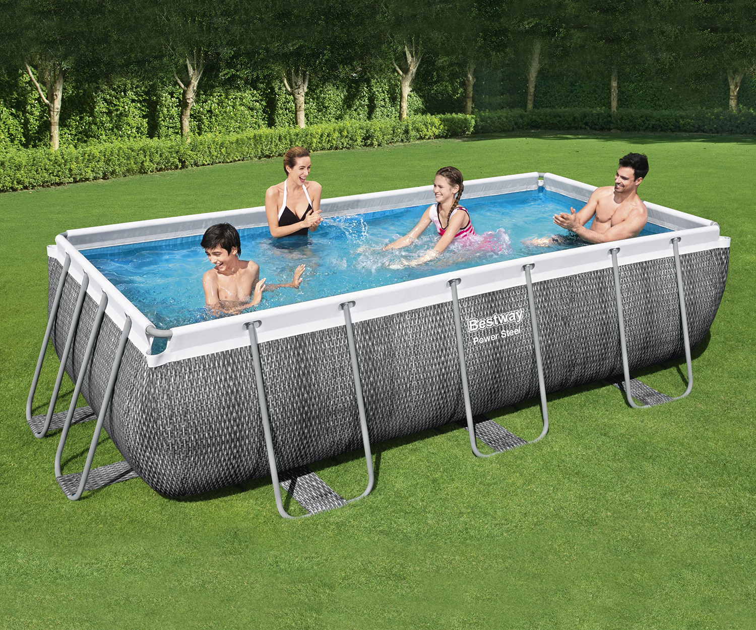 Power Steel™ Frame Pool Set mit Filterpumpe 404 x 201 x 100 cm, Rattan-Optik (Schiefergrau), eckig