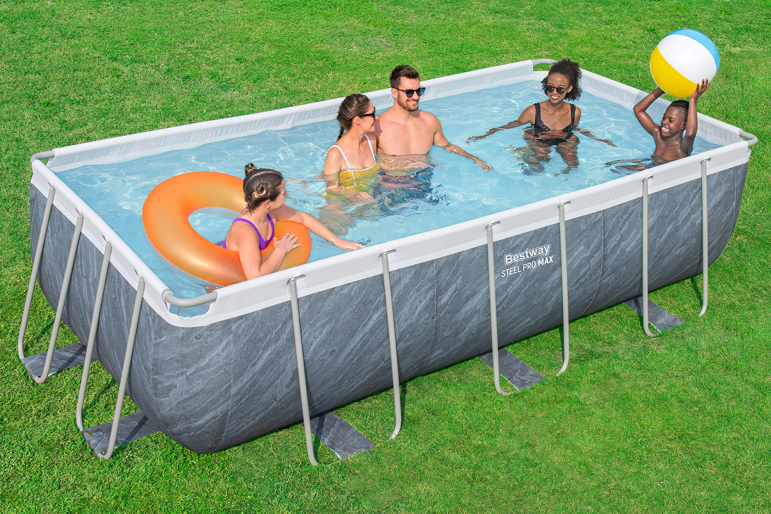 Steel Pro MAX™ Frame Pool Set mit Filterpumpe 404 x 201 x 100 cm, Marmor-Optik (Schiefergrau), eckig