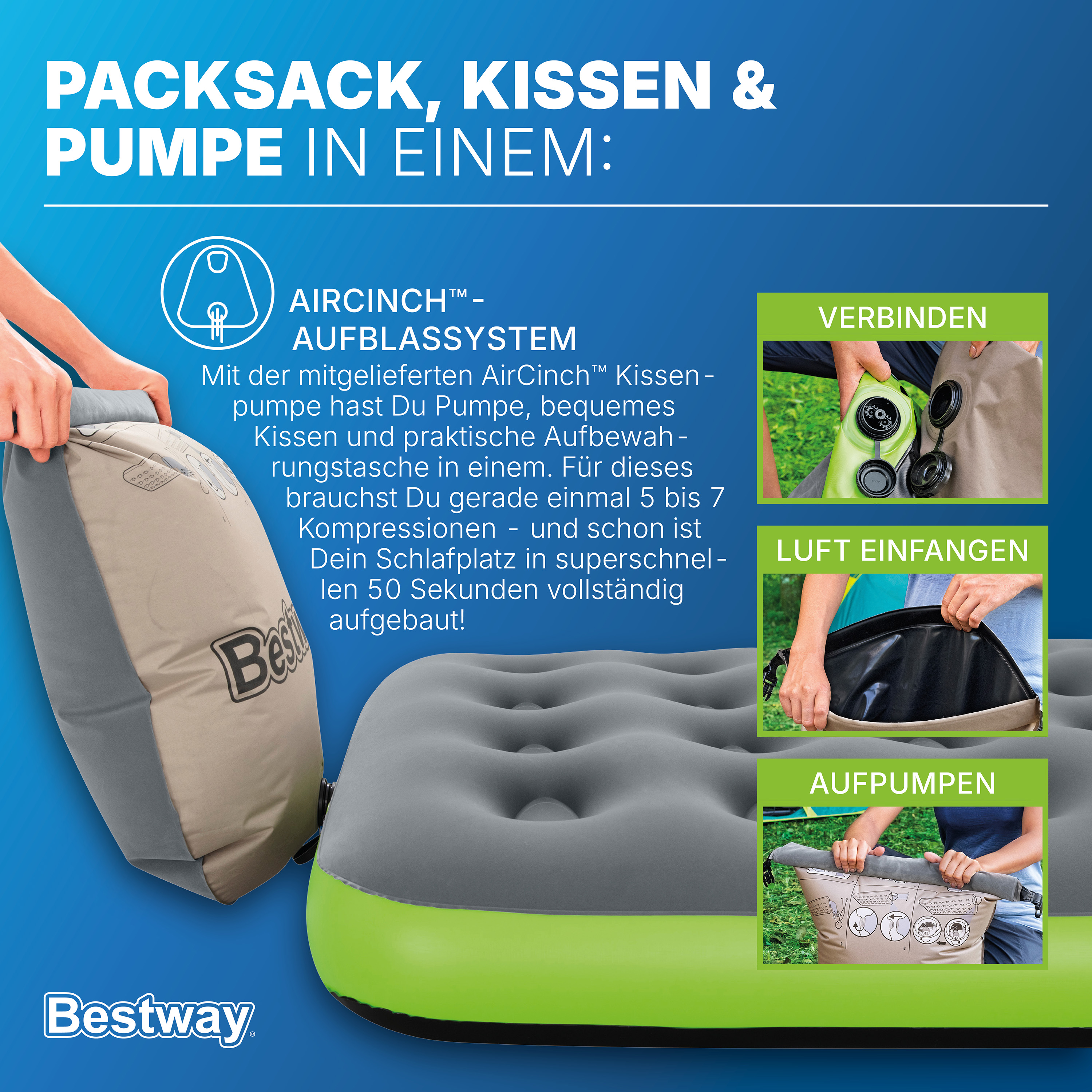 Single Luftbett Roll & Relax mit Kissenpumpe 188 x 99 x 22 cm