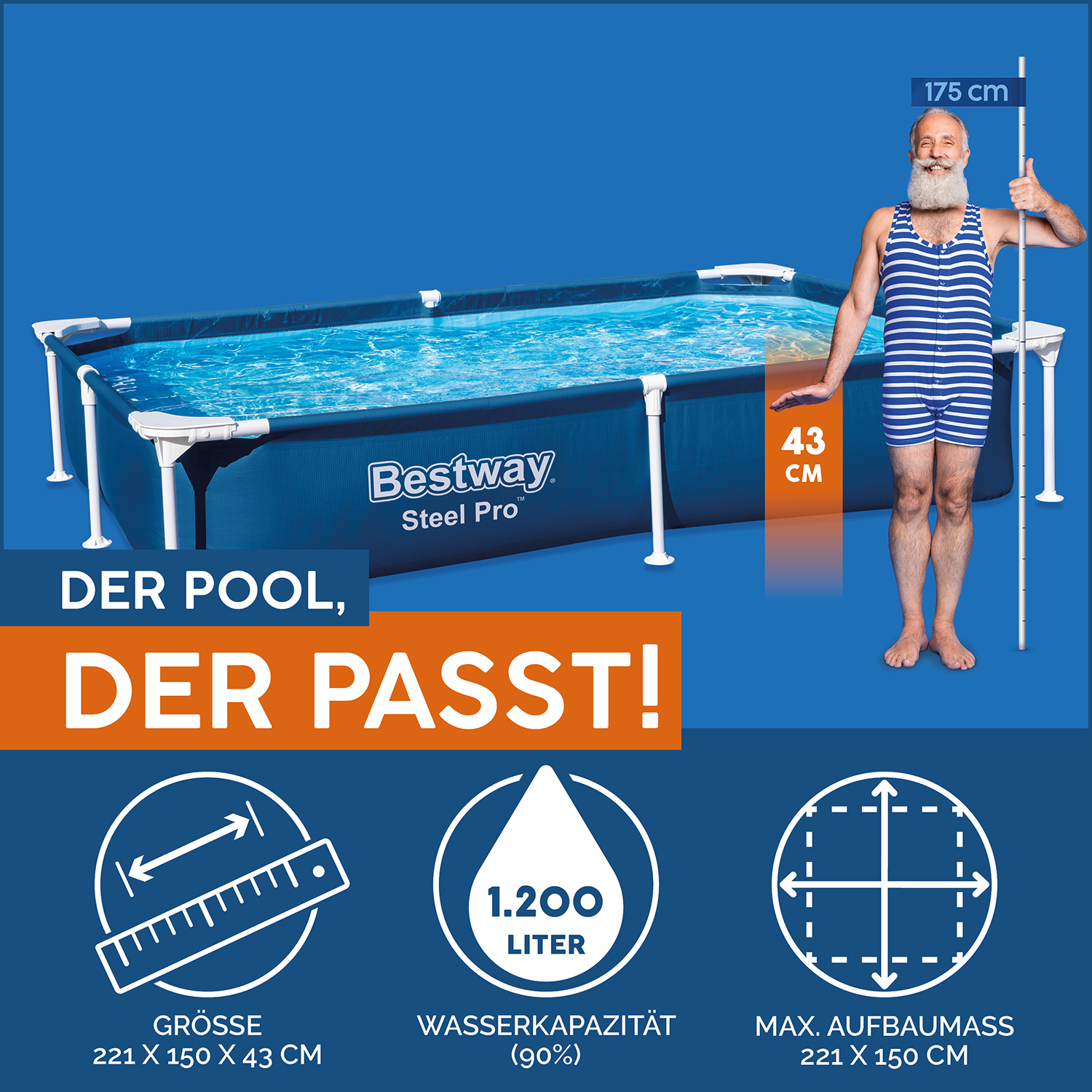 Steel Pro® Frame Pool ohne Pumpe 221 x 150 x 43 cm, dunkelblau, eckig