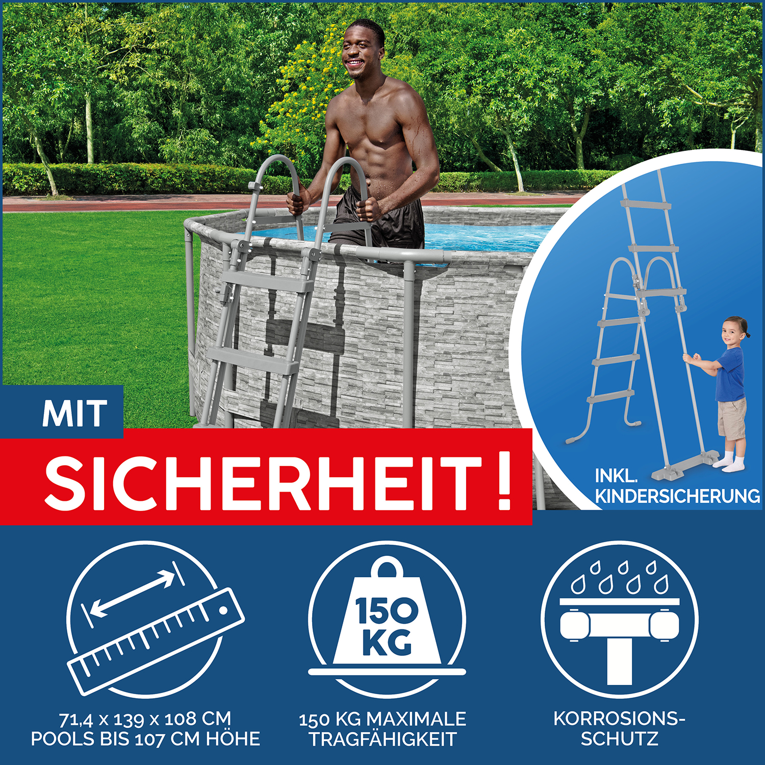 Power Steel™ Swim Vista Series™ Frame Pool Komplett Set mit Sandfilteranlage 488 x 305 x 107 cm , Steinwand-Optik (Cremegrau), oval
