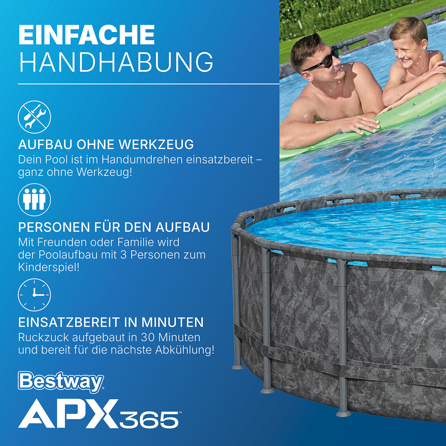 APX365™ Winterfestes Frame Pool Komplett-Set mit Sandfilteranlage Ø 549 x 132 cm, Marmor-Optik (Dunkel), rund