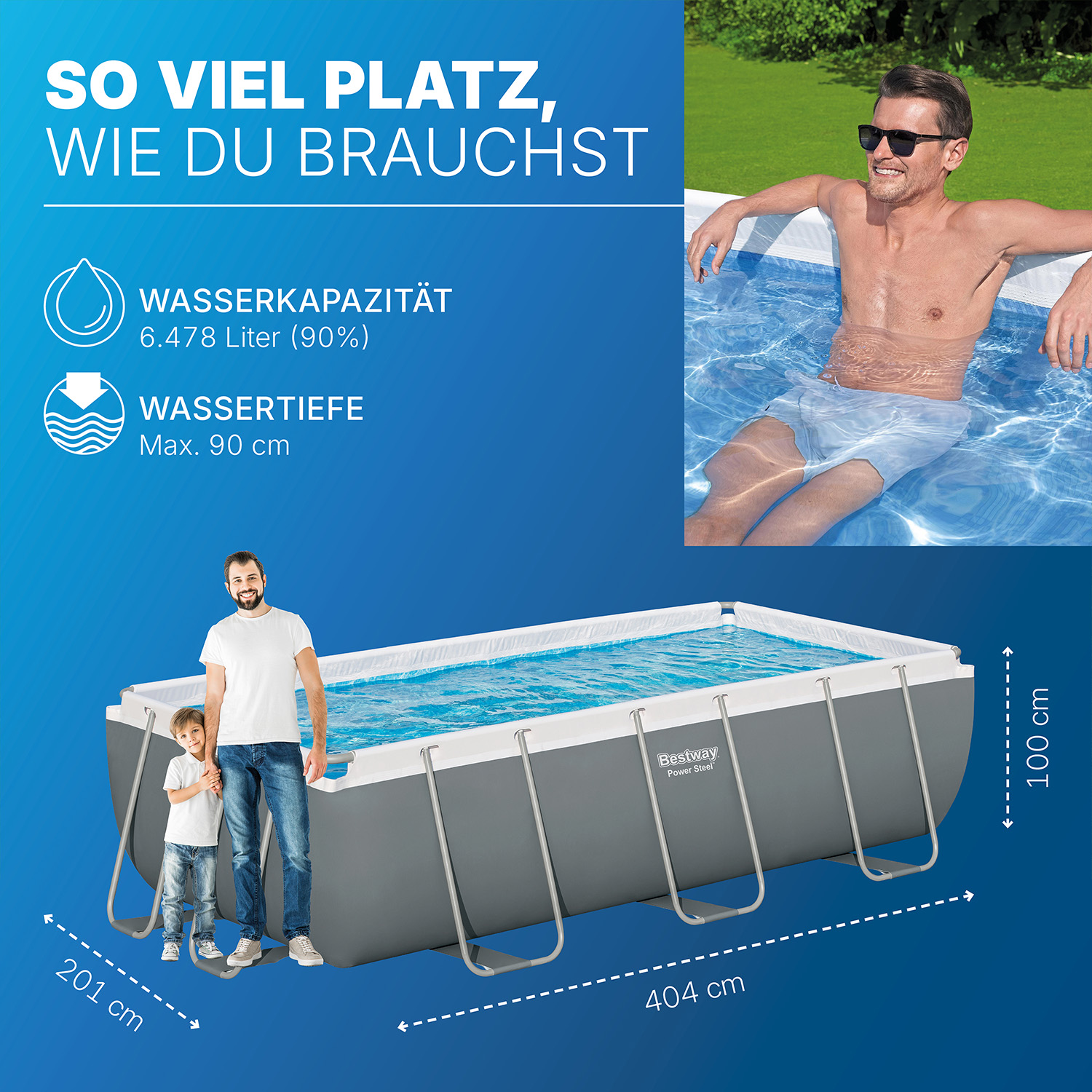 Power Steel™ Solo Pool ohne Zubehör 404 x 201 x 100 cm, grau, eckig