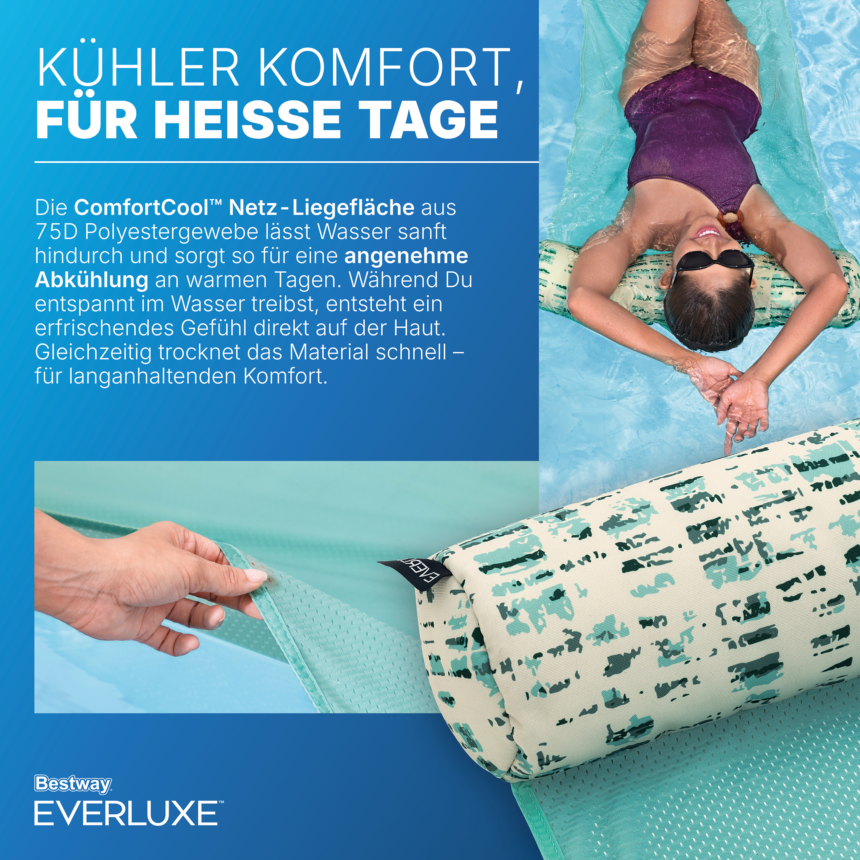 Everluxe™ Pool-Hängematte mit Textiloberfläche und EPS-Perlen-Füllung 122 x 65 x 15 cm
