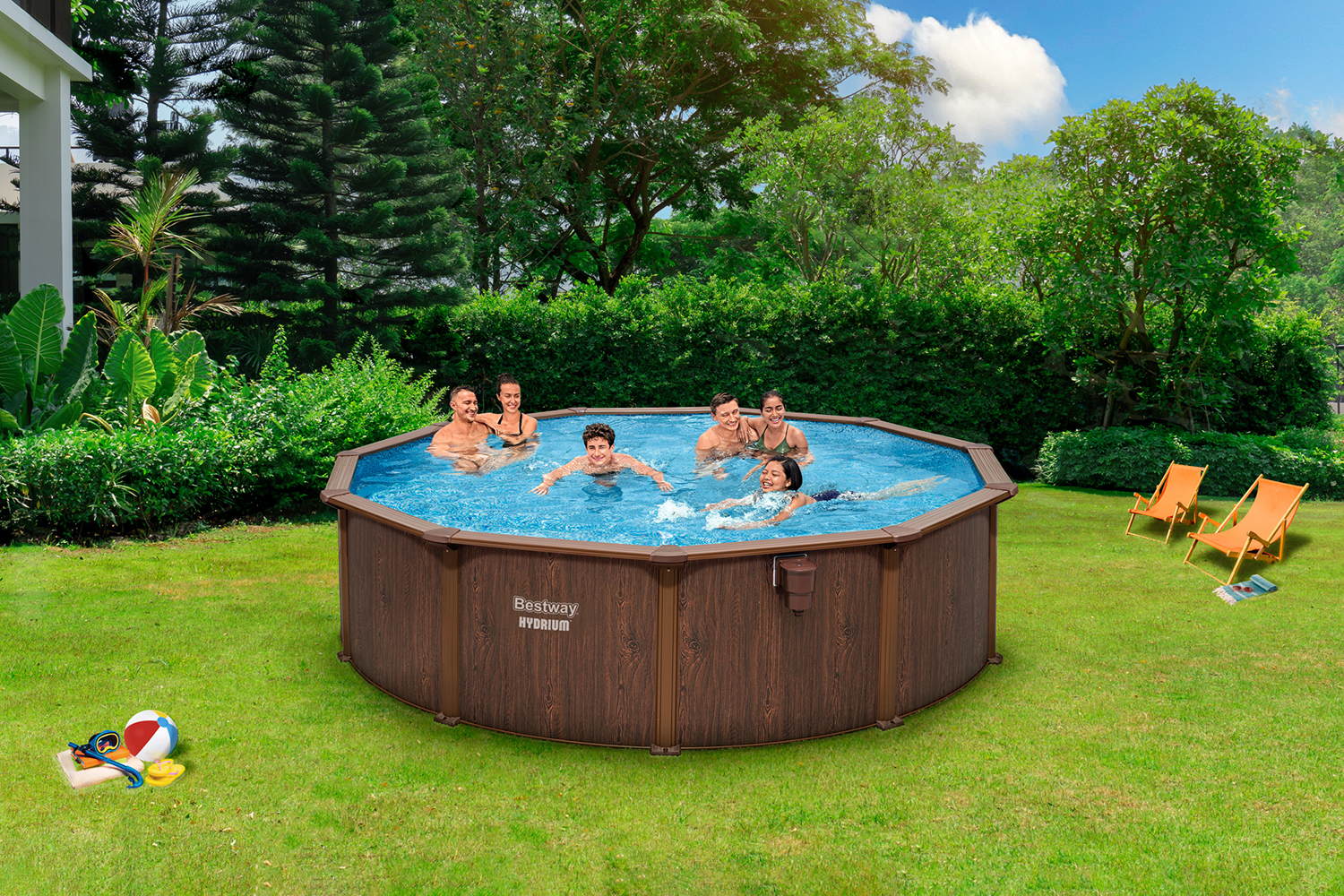 Hydrium™ Stahlwandpool Komplett-Set mit Sandfilteranlage  Ø 488 x 132 cm, Holz-Optik (Palisander), rund