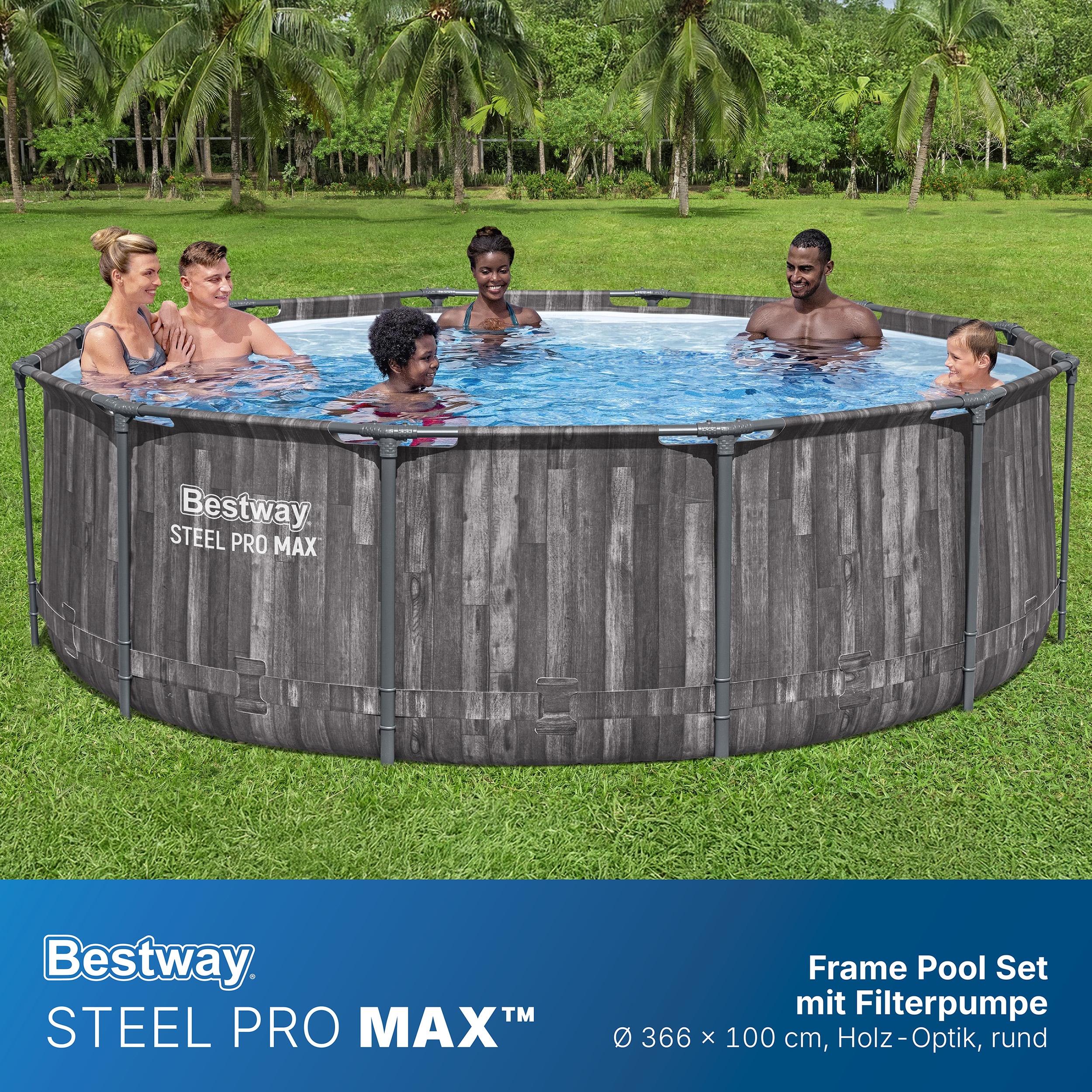 Steel Pro MAX™ Frame Pool-Set mit Filterpumpe Ø 366 x 100 cm, Holz-Optik (Mooreiche), rund