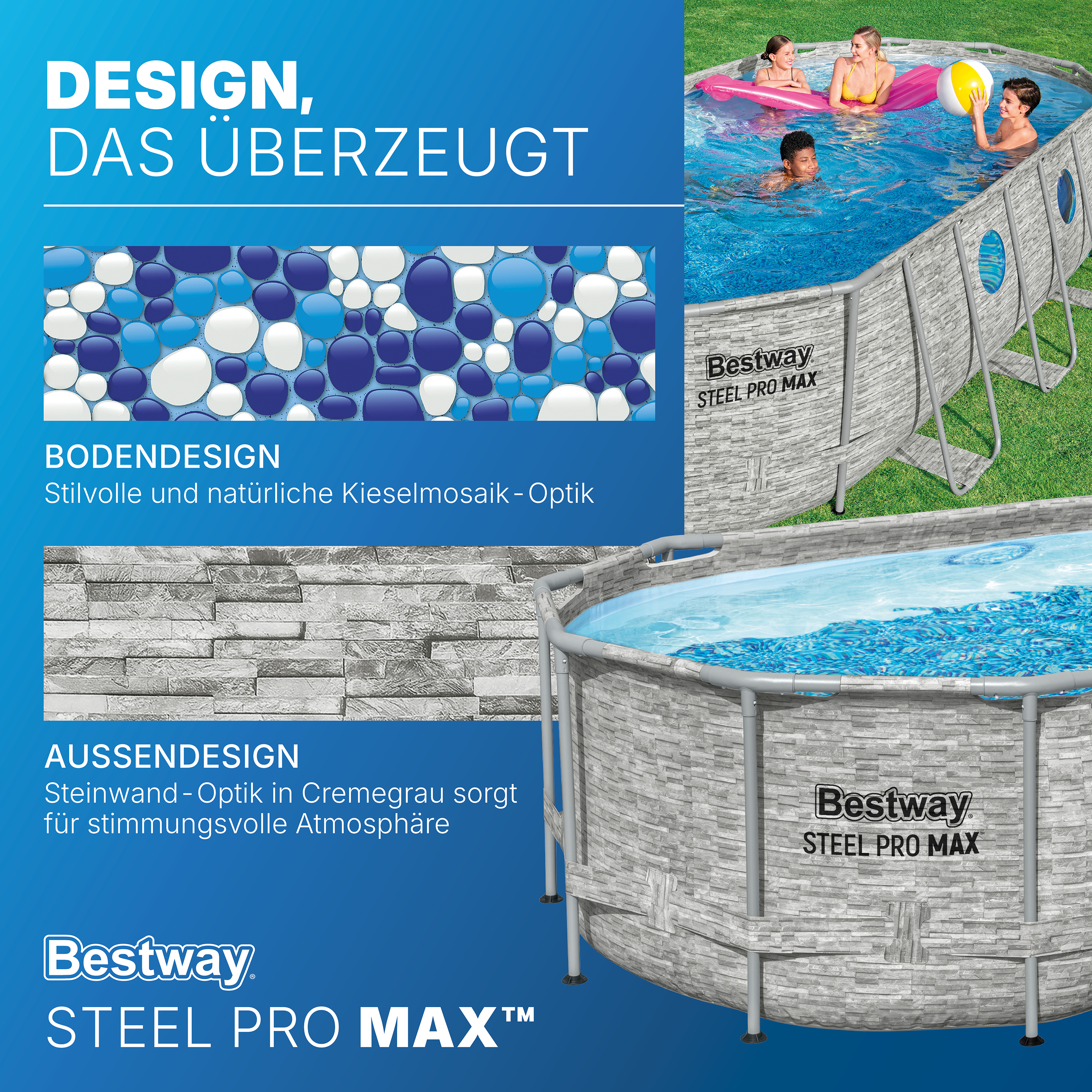 Steel Pro MAX™ Splashview™ Solo Pool ohne Zubehör 549 x 274 x 122 cm, Steinwand-Optik (Cremegrau), oval