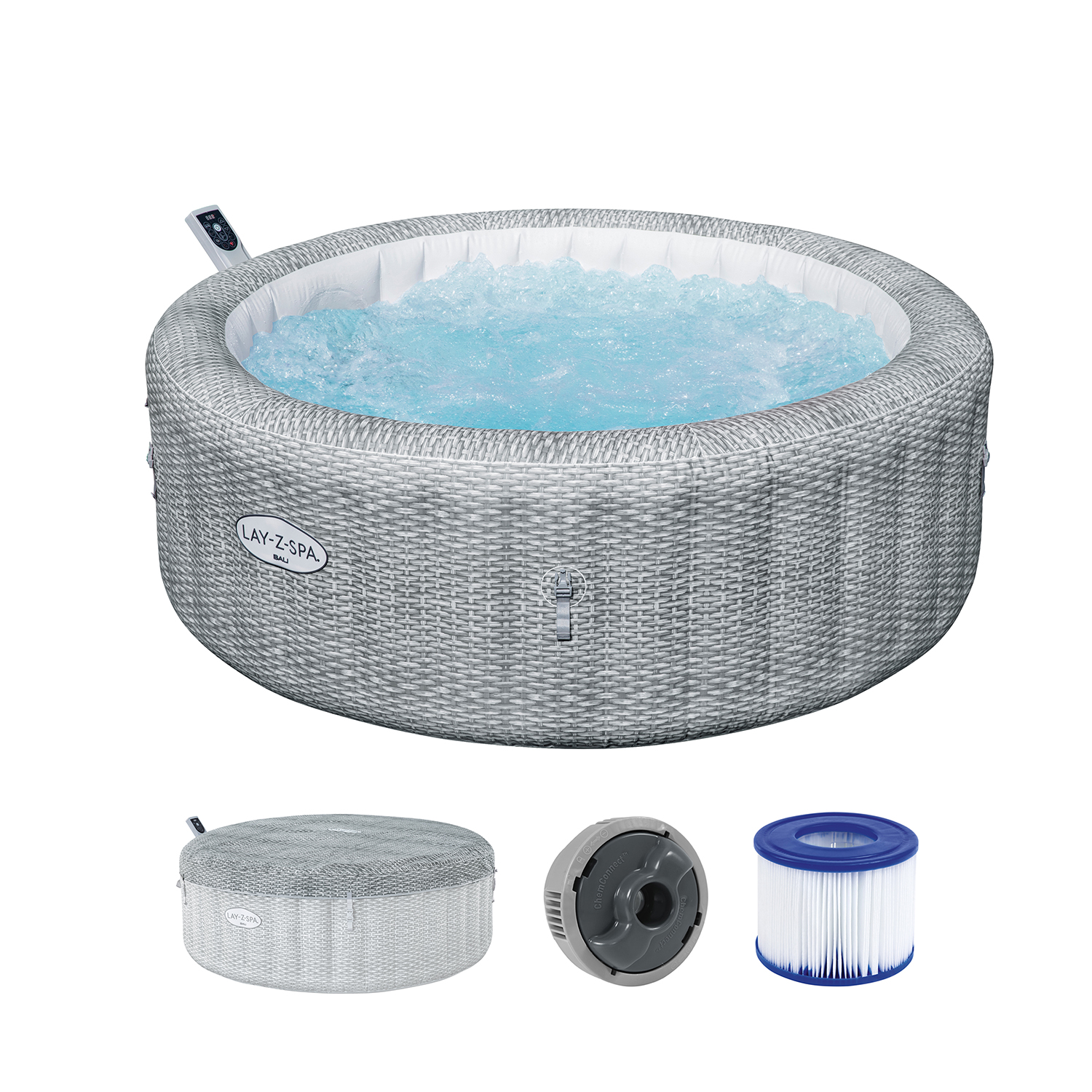 LAY-Z-SPA® Energiespar-Whirlpool Bali AirJet™ mit App-Steuerung, Ø 196 x 71 cm, für 6 Personen, Rattan-Optik (Lichtgrau)