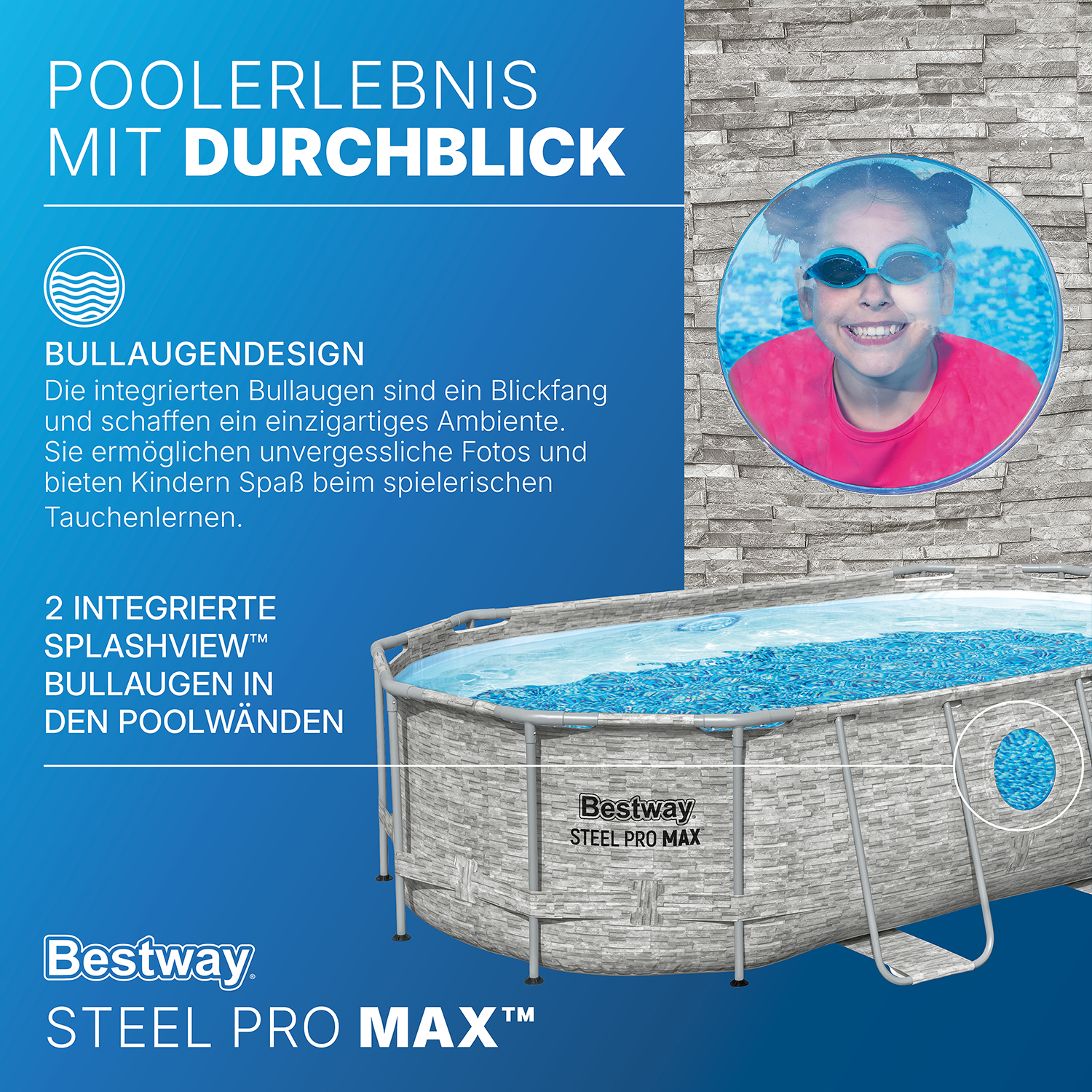 Steel Pro MAX™ Splashview™ Frame Pool Komplett Set mit Filterpumpe 427 x 250 x 100 cm, Steinwand-Optik (Cremegrau), oval