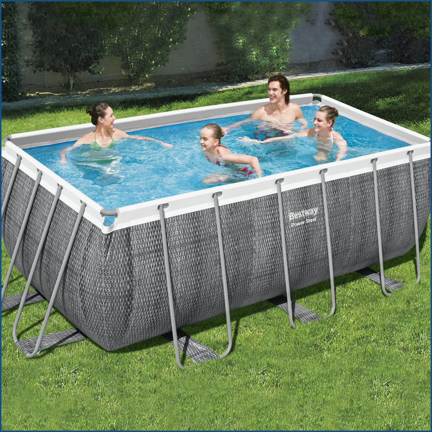 Power Steel™ Frame Pool Set mit Filterpumpe 412 x 201 x 122 cm, Rattan-Optik (Schiefergrau), eckig