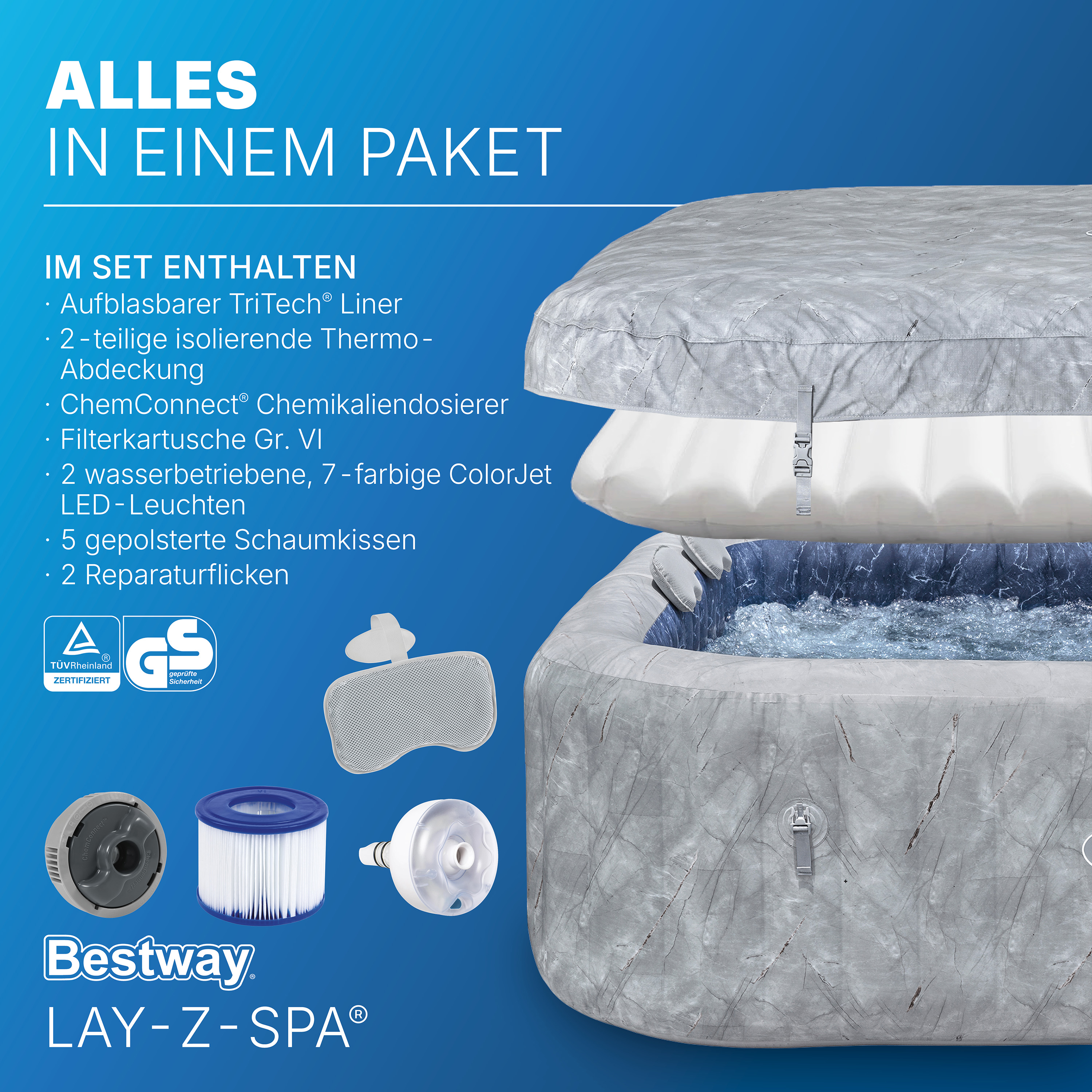 LAY-Z-SPA® WLAN-Whirlpool San Francisco HydroJet Pro™ mit App-Steuerung, für 7 Personen 230 x 230 x 71 cm, Marmor-Optik (Samtgrau)