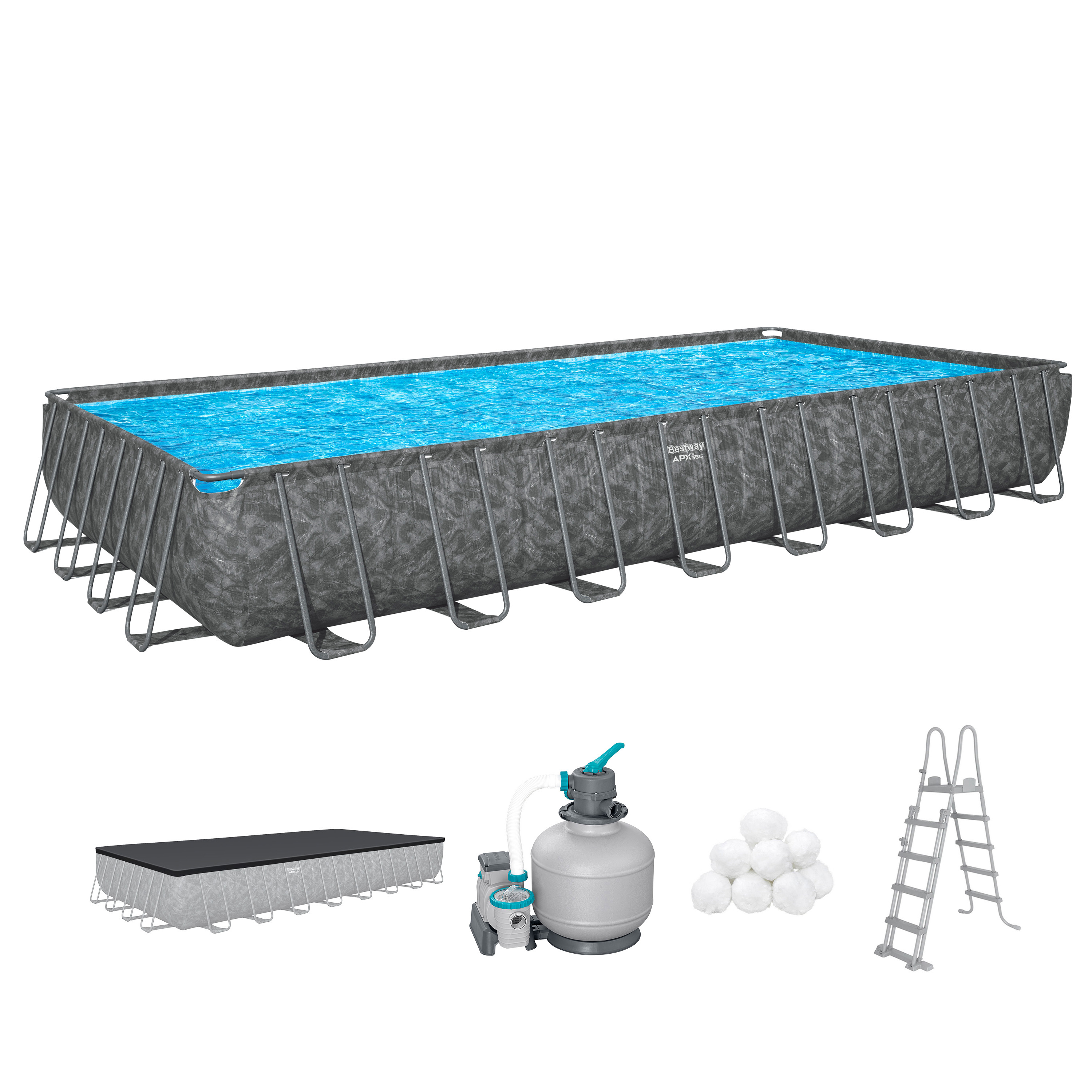 APX365™ Winterfestes Frame Pool Komplett Set mit Sandfilteranlage 956 x 488 x 132 cm, Marmor-Optik (Dunkel), eckig