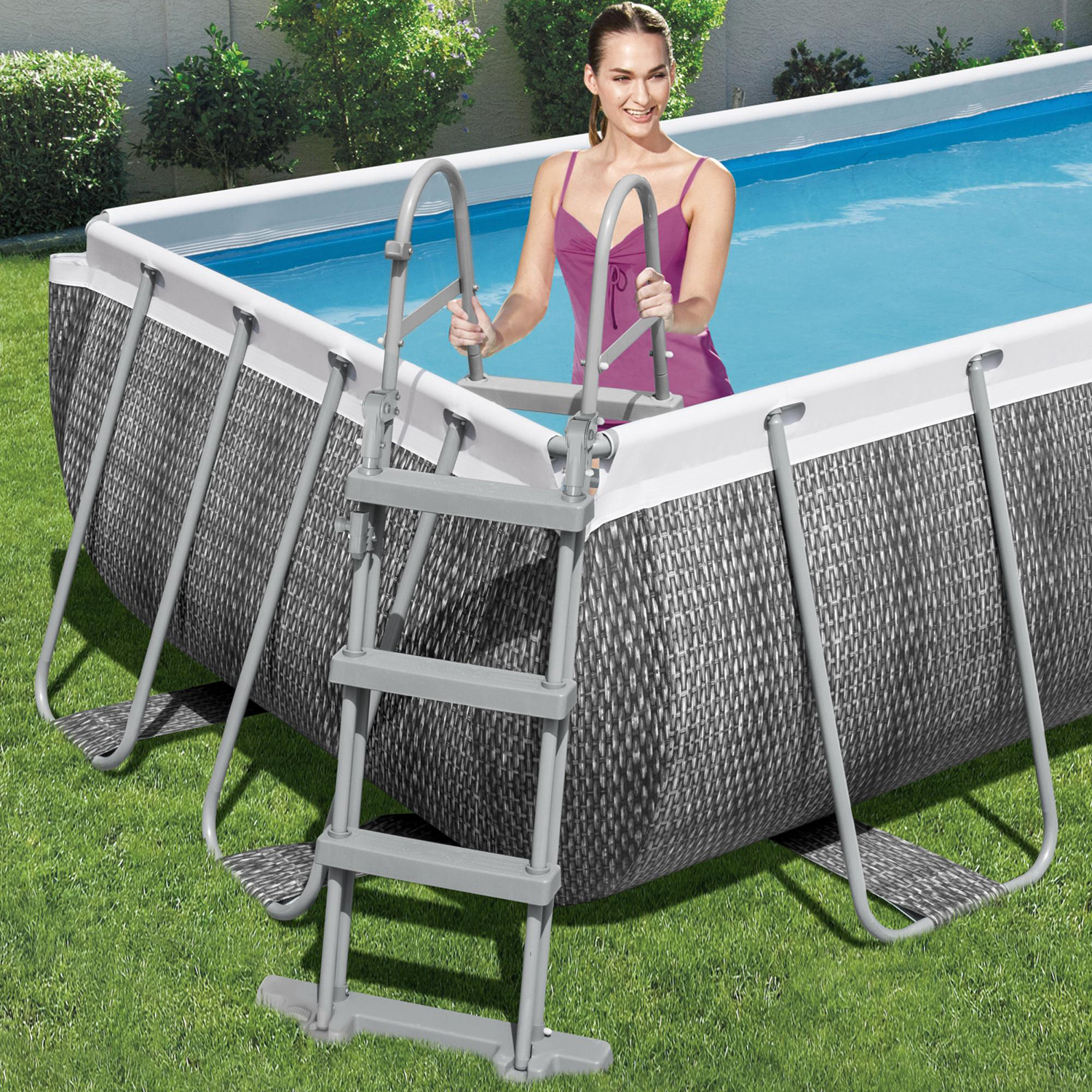 Power Steel™ Frame Pool Set mit Filterpumpe 404 x 201 x 100 cm, Rattan-Optik (Schiefergrau), eckig