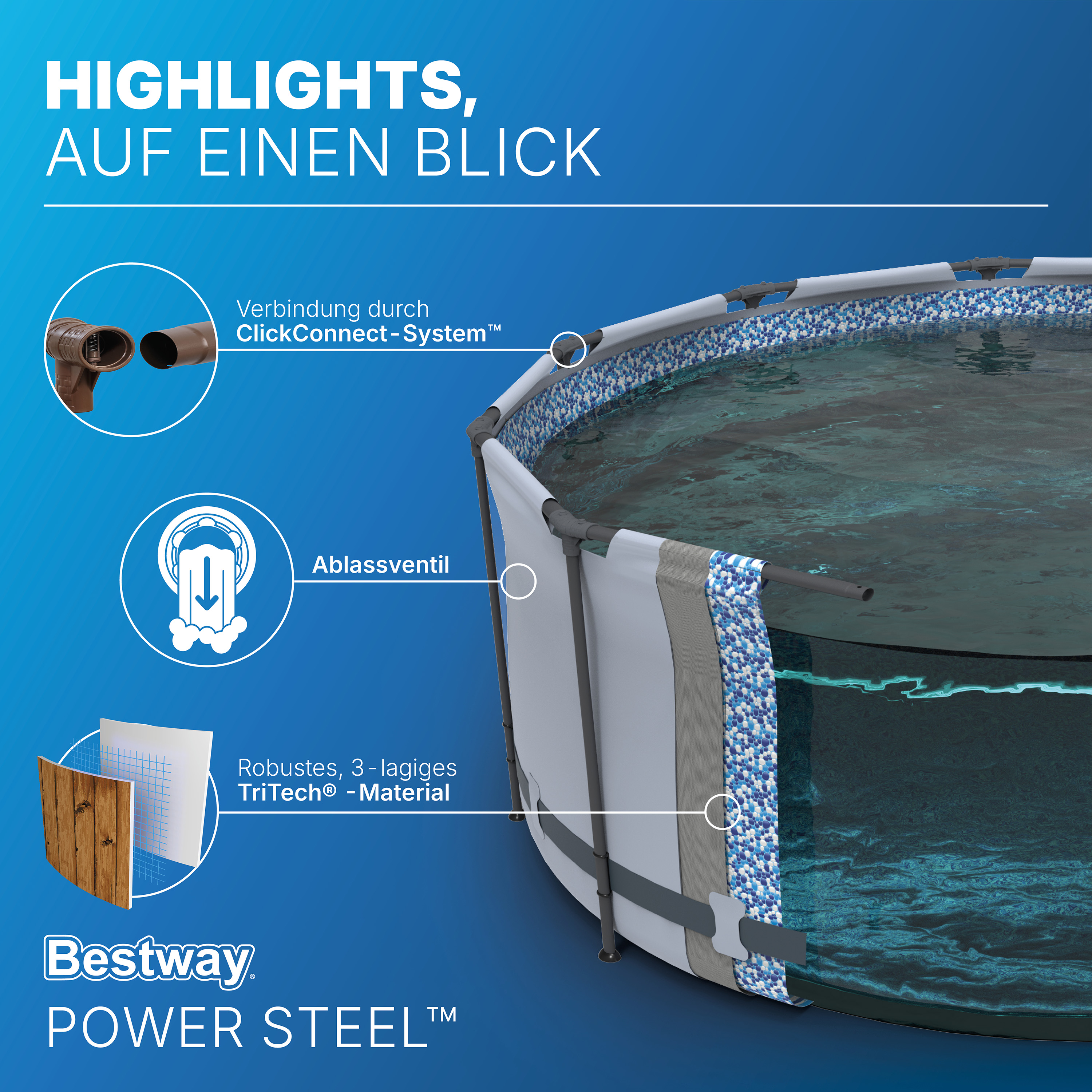 Power Steel™ Swim Vista Series™ Frame Pool Komplett Set mit Filterpumpe Ø 488 x 122 cm, Holz-Optik (Pinie), rund