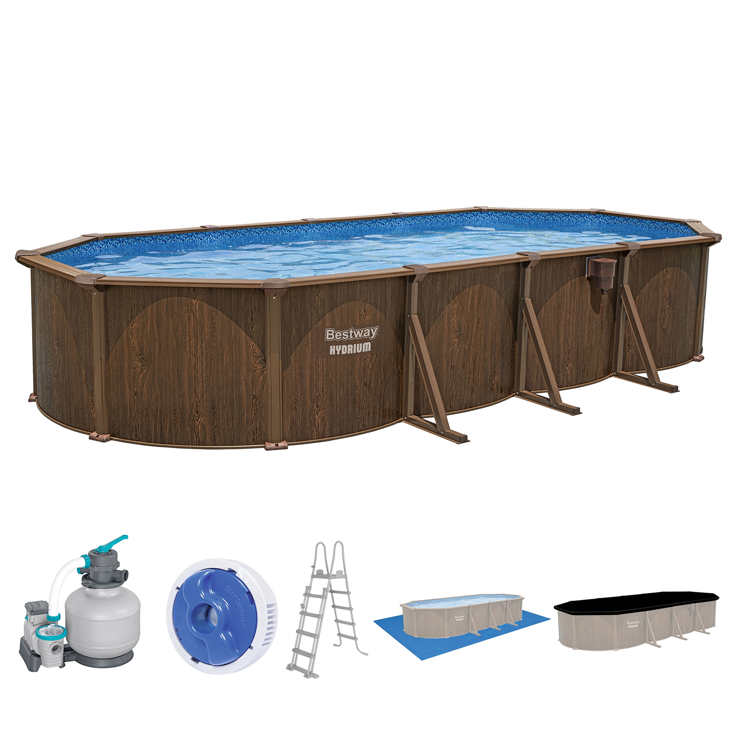 Hydrium™ Stahlwandpool Komplett-Set mit Sandfilteranlage 730 x 360 x 130 cm, Holz-Optik (Palisander), oval