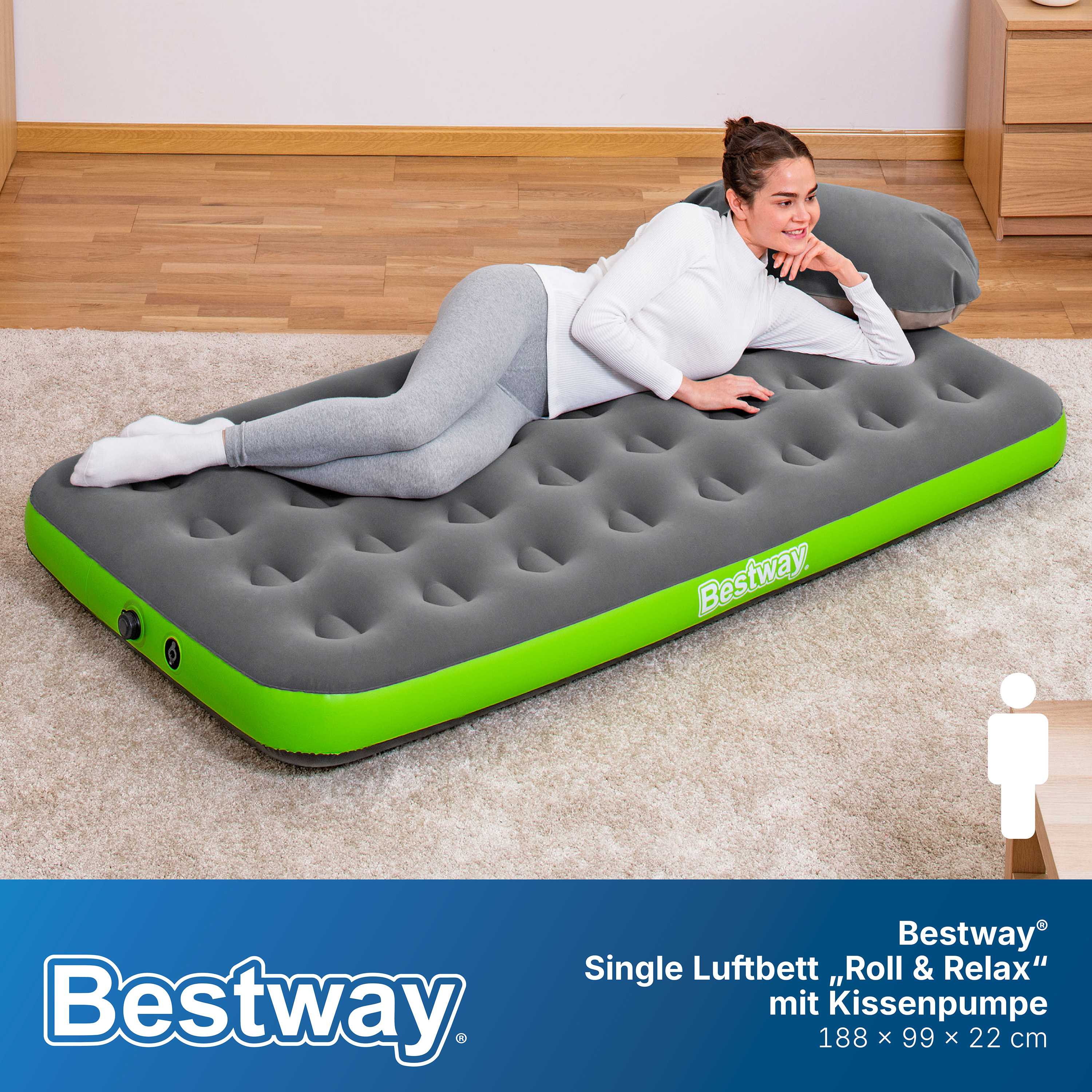 Single Luftbett Roll & Relax mit Kissenpumpe 188 x 99 x 22 cm