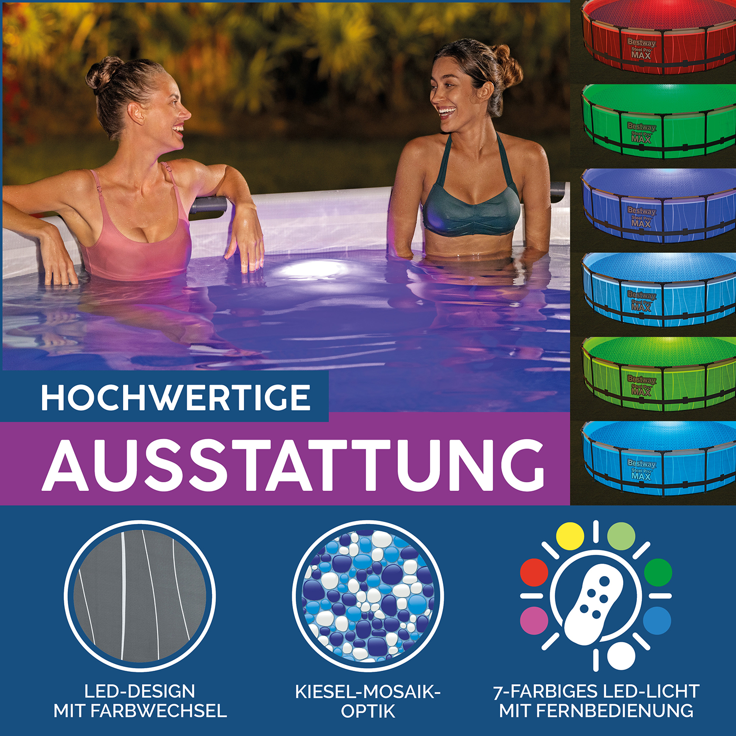 Steel Pro MAX™ Frame Pool Komplett-Set mit Filterpumpe Ø 457 x 107 cm, LED-Design, rund