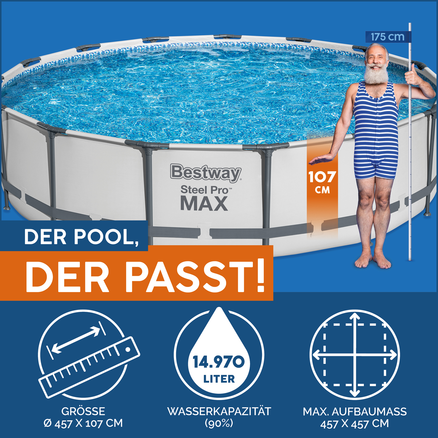 Steel Pro MAX™ Frame Pool Komplett-Set mit Filterpumpe Ø 457 x 107 cm, lichtgrau, rund