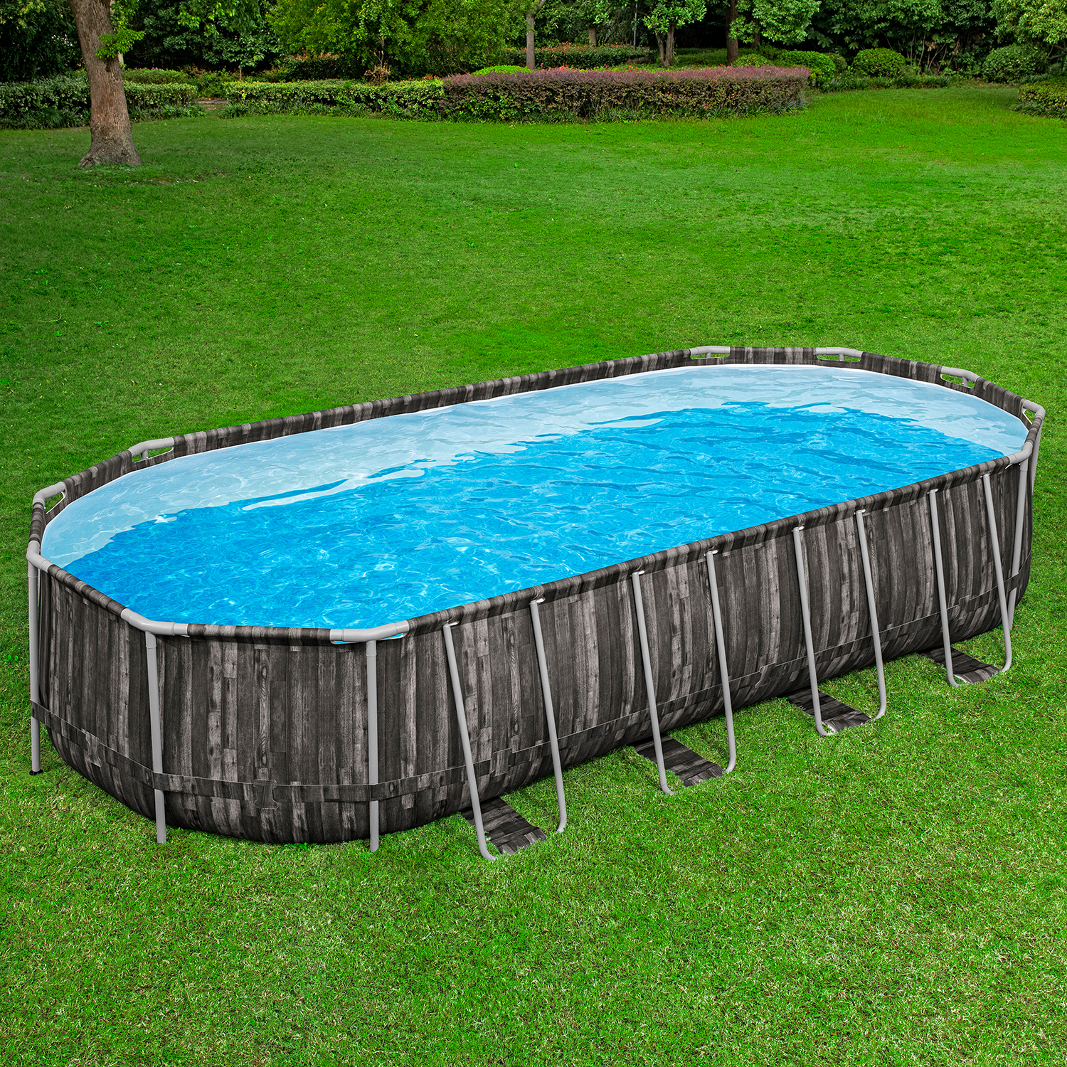 Power Steel™ Frame Pool Komplett-Set mit Filterpumpe 732 x 366 x 132 cm, Holz-Optik (Mooreiche), oval