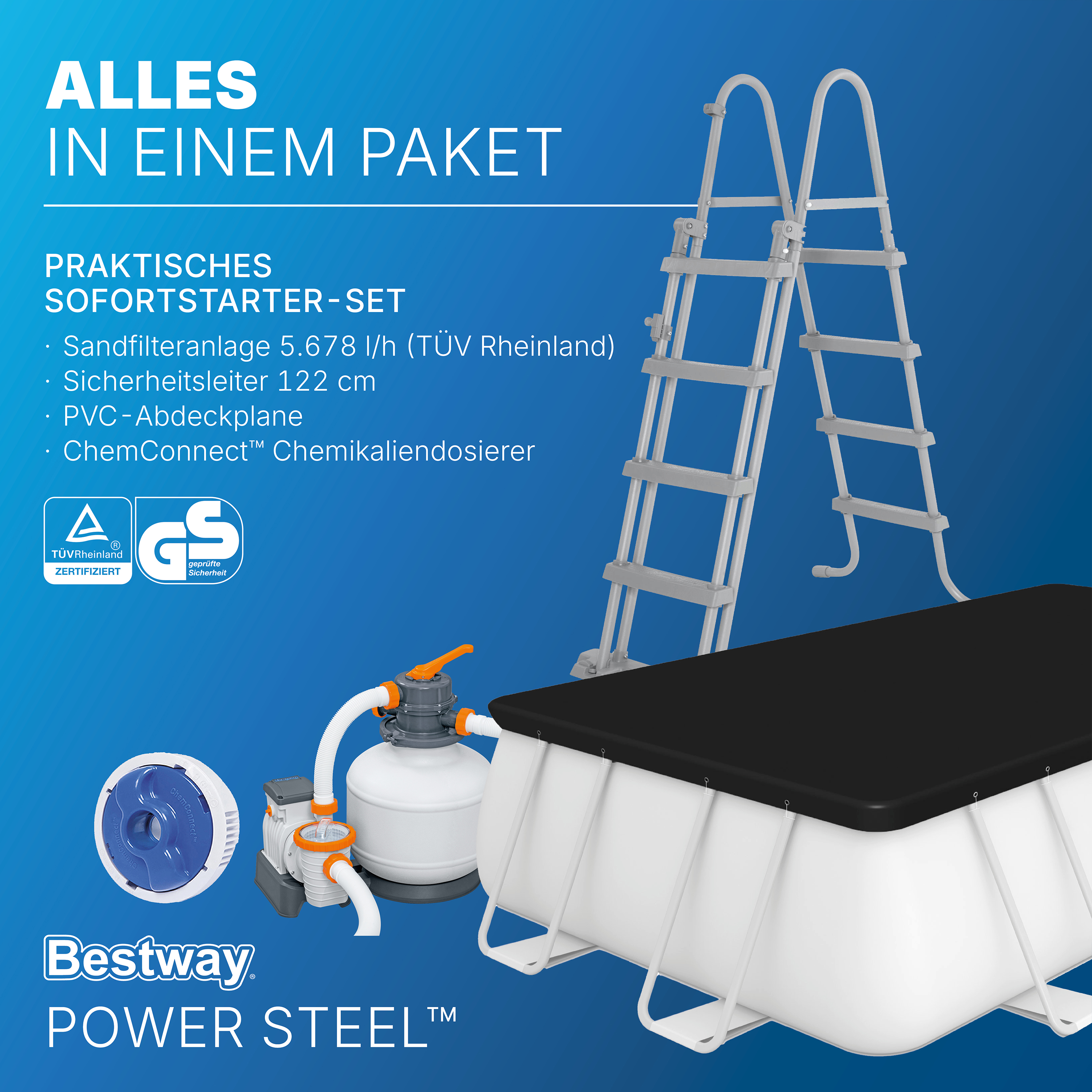 Power Steel™ Frame Pool Komplett Set mit Sandfilteranlage 549 x 274 x 122 cm, lichtgrau, eckig