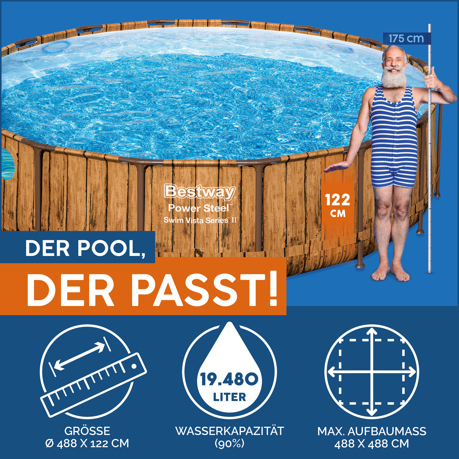 Power Steel™ Swim Vista Series™ Frame Pool Komplett-Set mit Filterpumpe Ø 488 x 122 cm, Holz-Optik (Pinie), rund