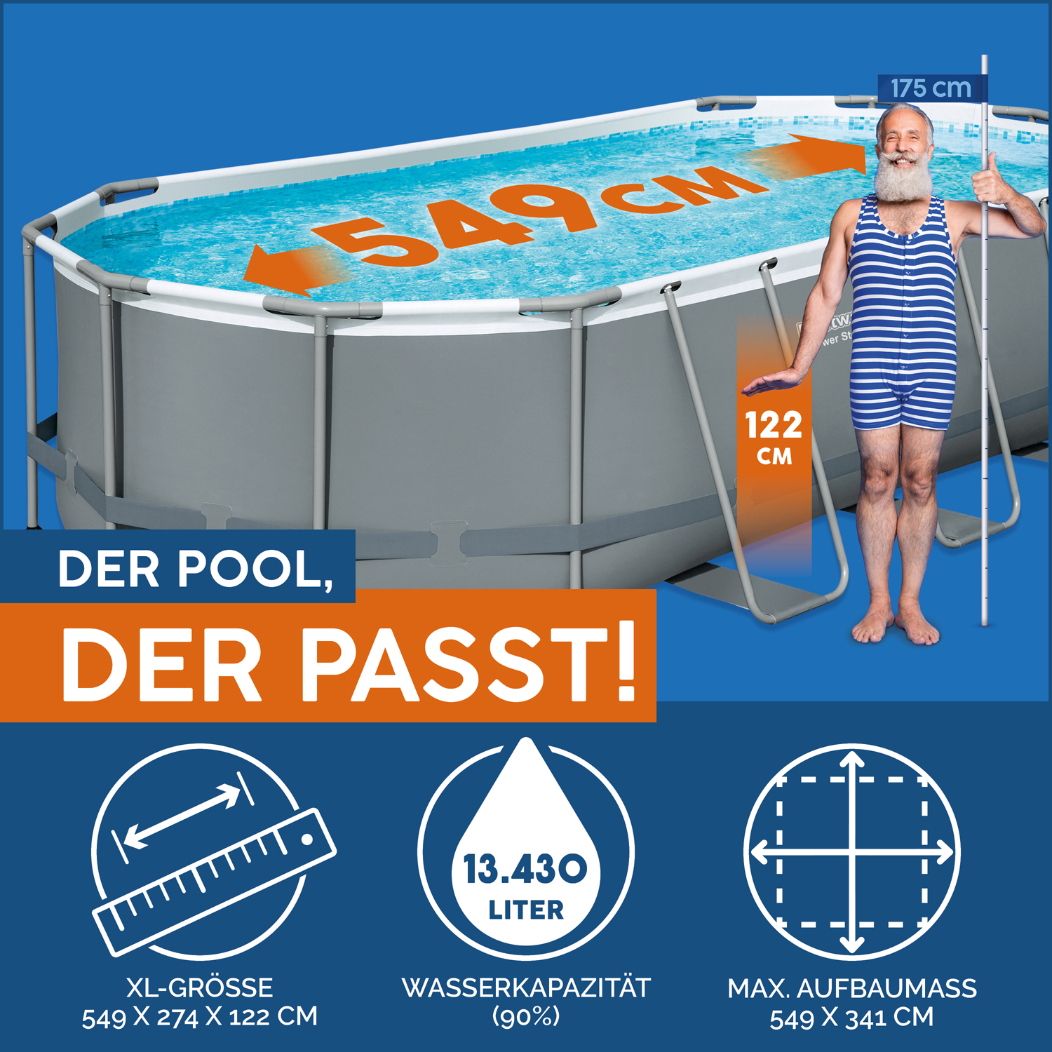 Power Steel™ Frame Pool Komplett-Set mit Filterpumpe 549 x 274 x 122 cm, grau, oval