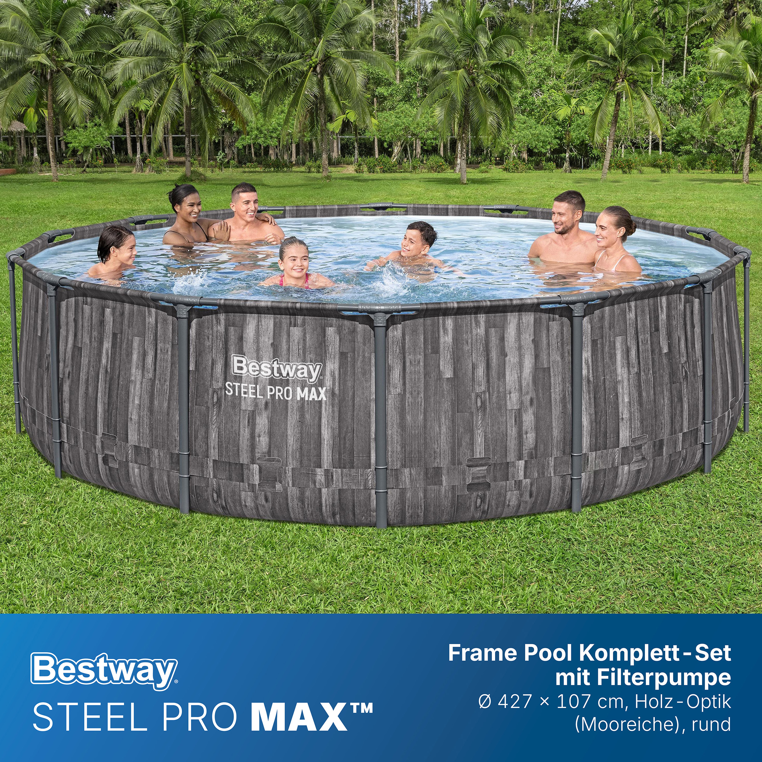 Steel Pro MAX™ Frame Pool Komplett Set mit Filterpumpe Ø 427 x 107 cm, Holz-Optik (Mooreiche), rund
