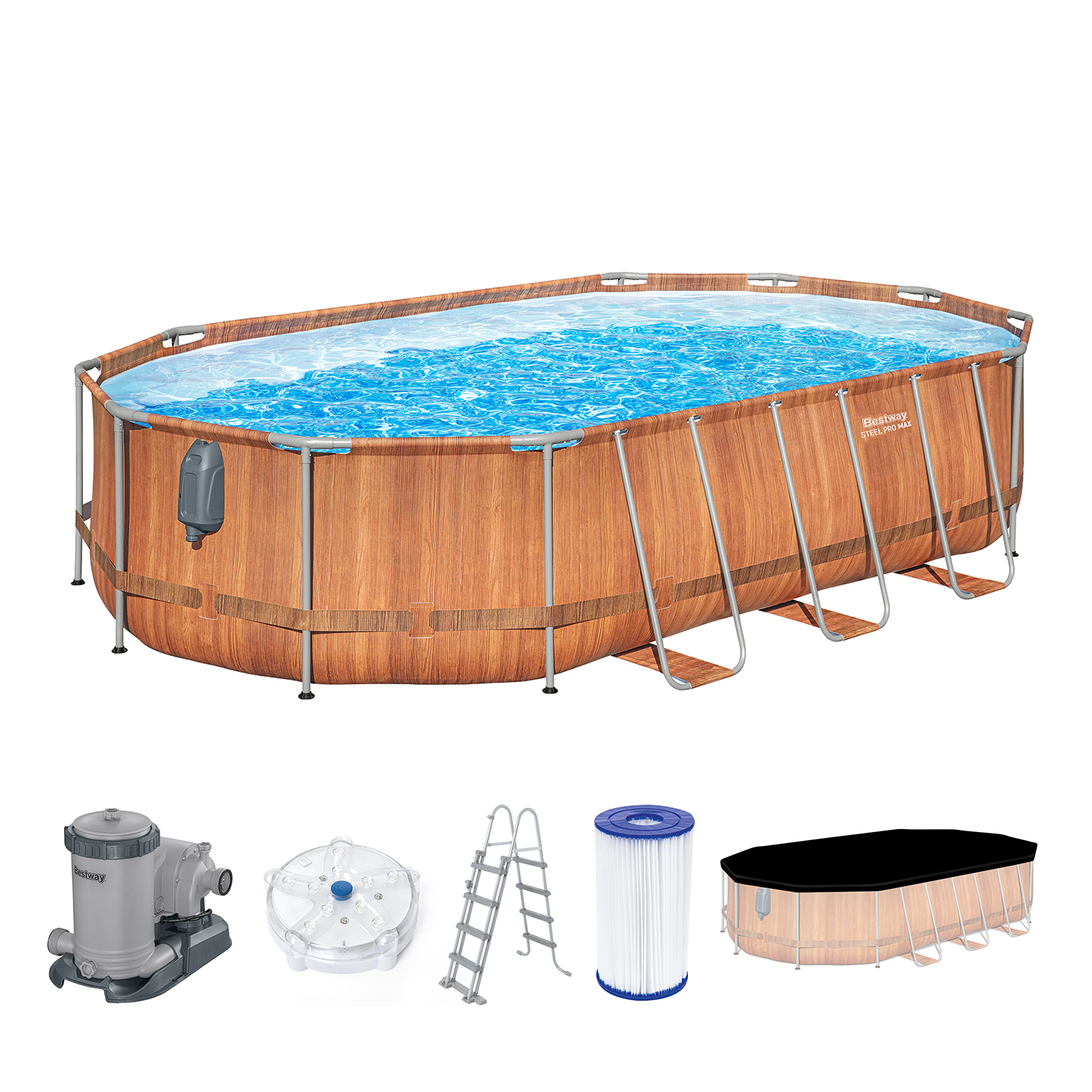 Steel Pro MAX™ Comfort Jet Series™ Frame Pool Set mit Filterpumpe 610 x 366 x 122 cm, Holz-Optik (Pinie), oval