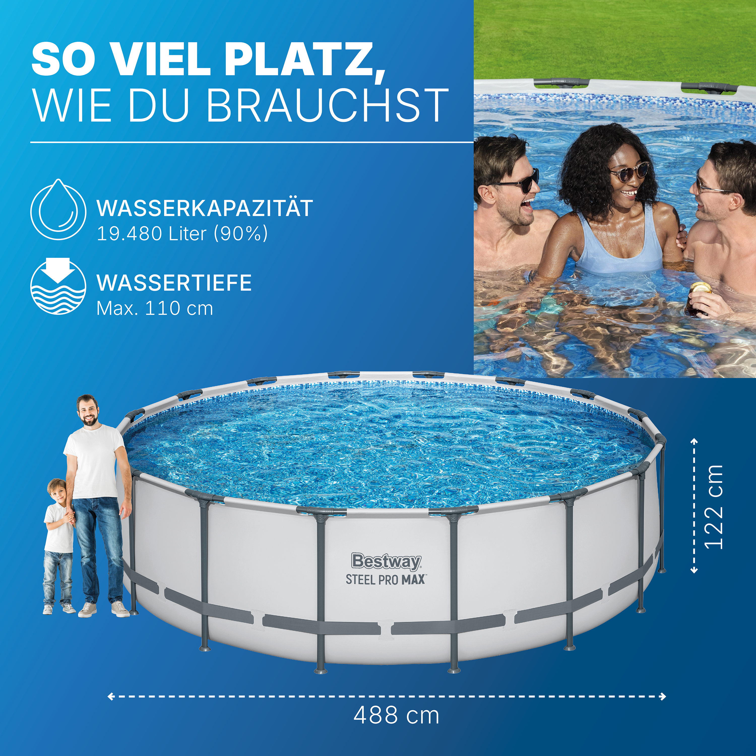 Steel Pro MAX™ Solo Pool ohne Zubehör Ø 488 x 122 cm, lichtgrau, rund Steel Pro MAX™ Solo Pool ohne Zubehör Ø 488 x 122 cm, lichtgrau, rund