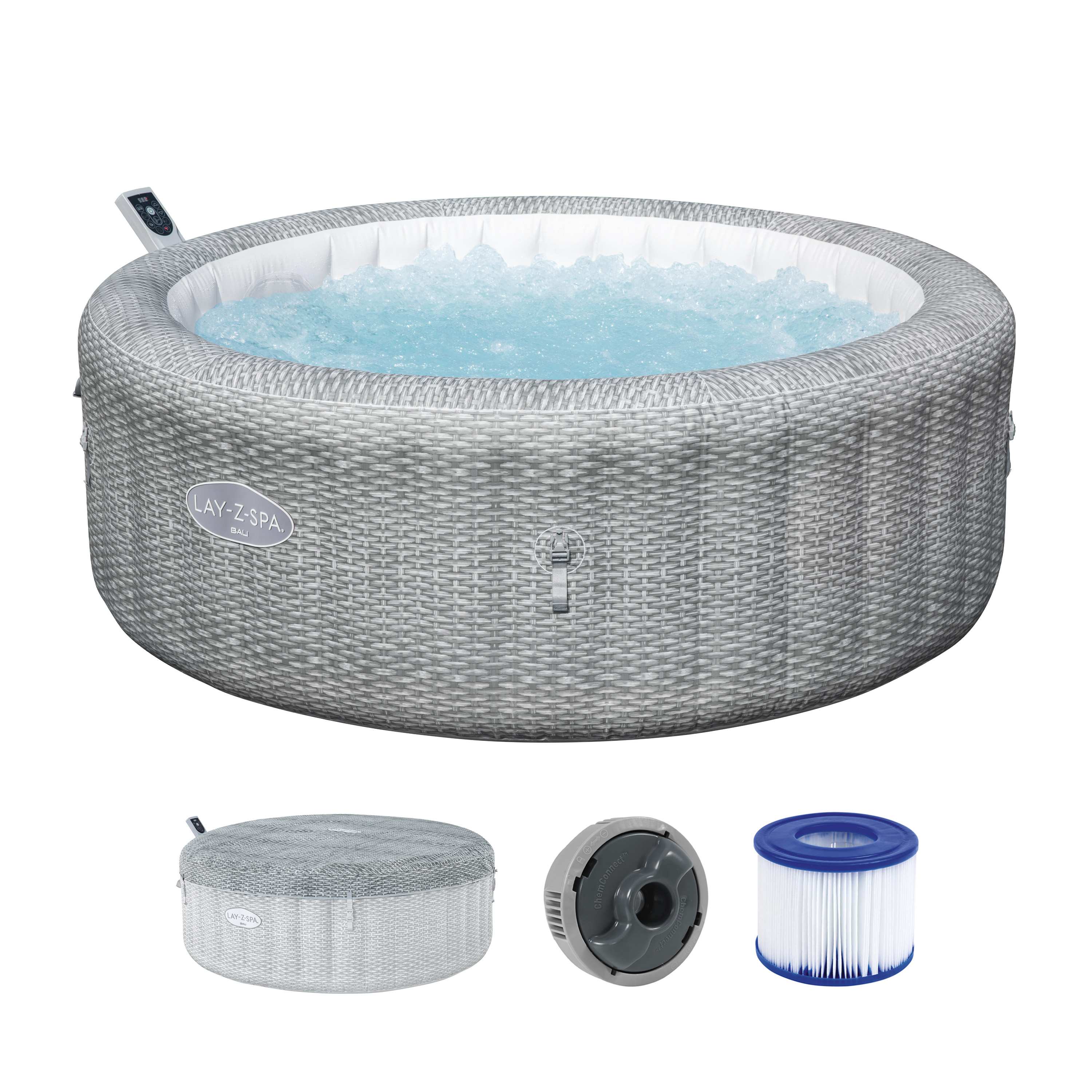LAY-Z-SPA® WLAN-Whirlpool Bali AirJet™ mit App-Steuerung, Ø 196 x 71 cm, für 6 Personen, Rattan-Optik (Lichtgrau)