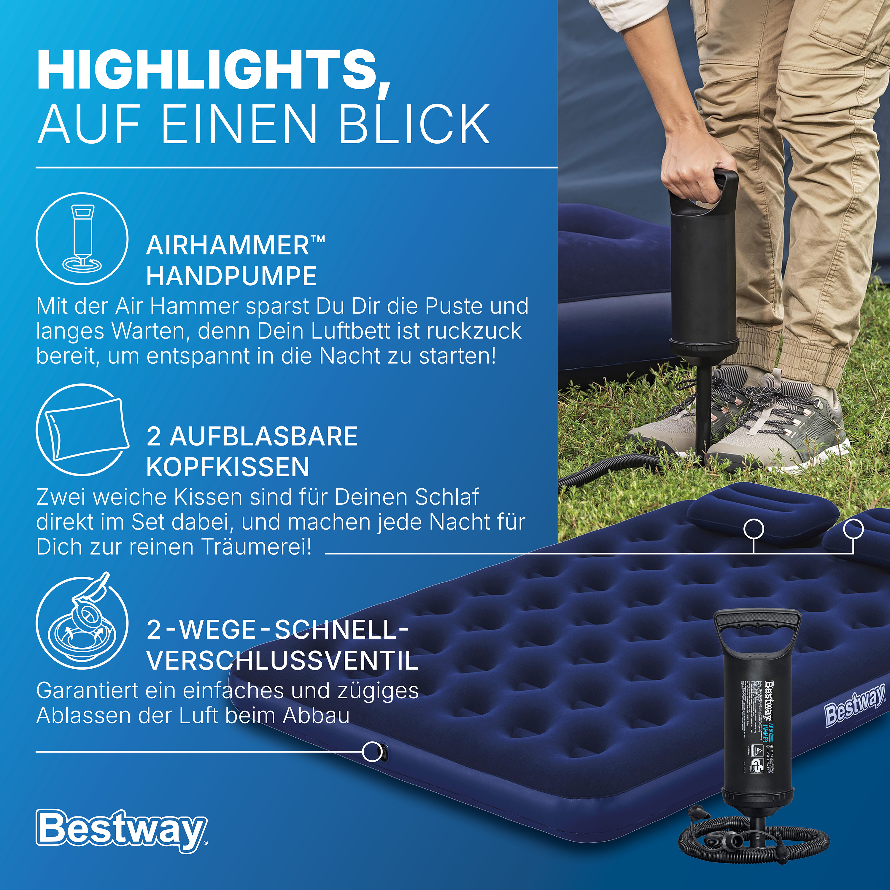 Luftbett für 2 Personen mit Handpumpe & 2 Kopfkissen 203 x 152 x 22 cm